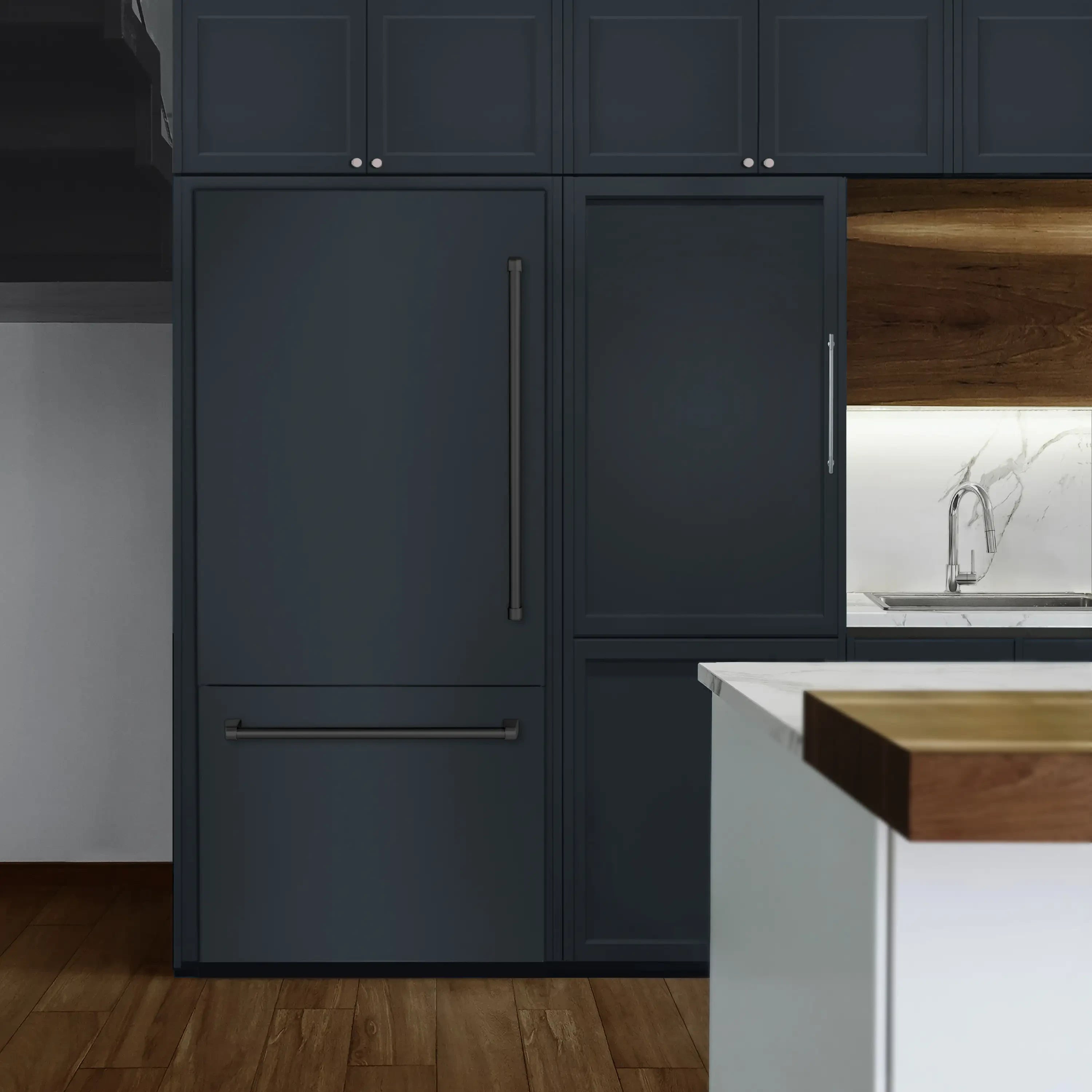 Panel-ready bottom freezer refrigerator with dark gray doors and black handle bar