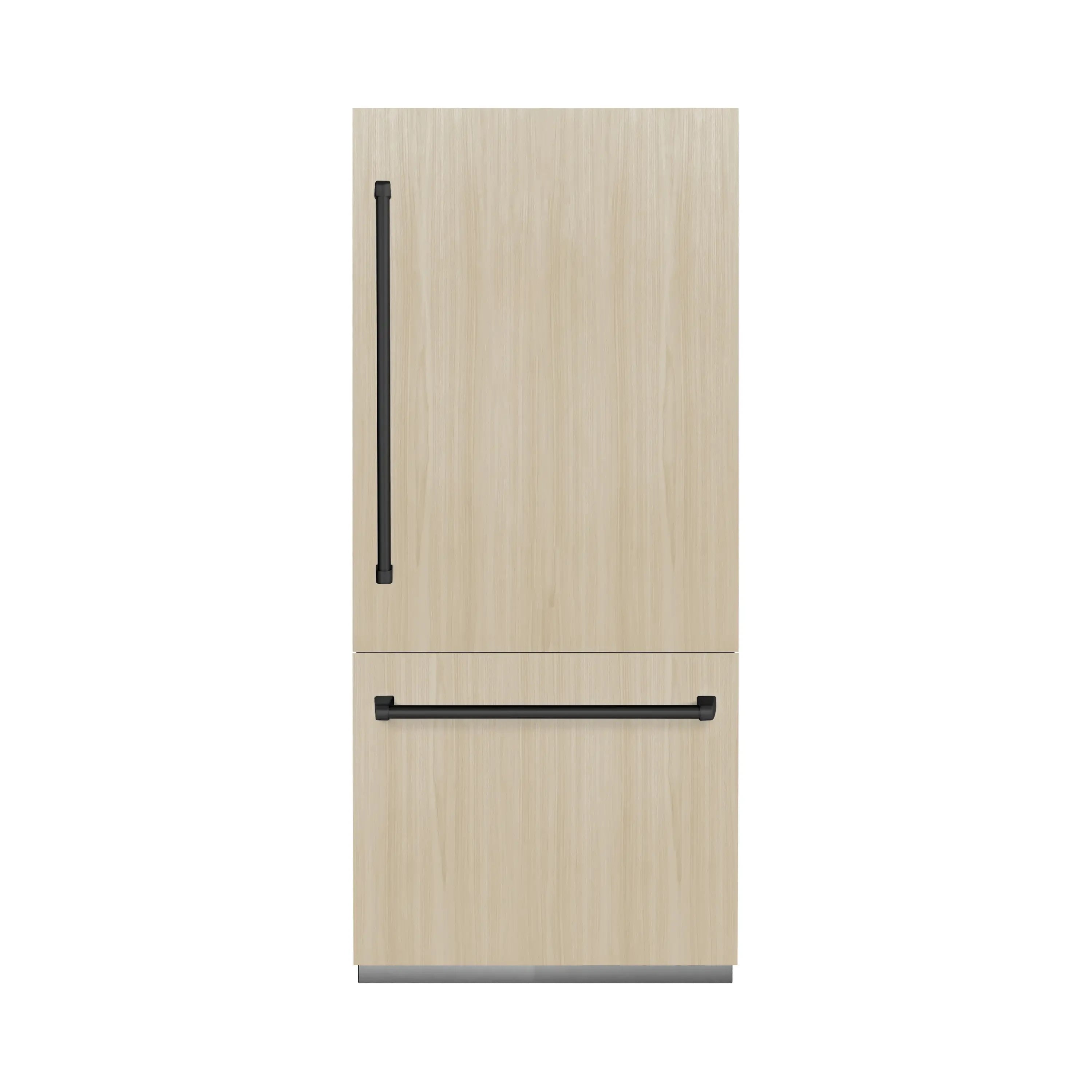 Panel-ready refrigerator door with light wood panel and matte black handle bars