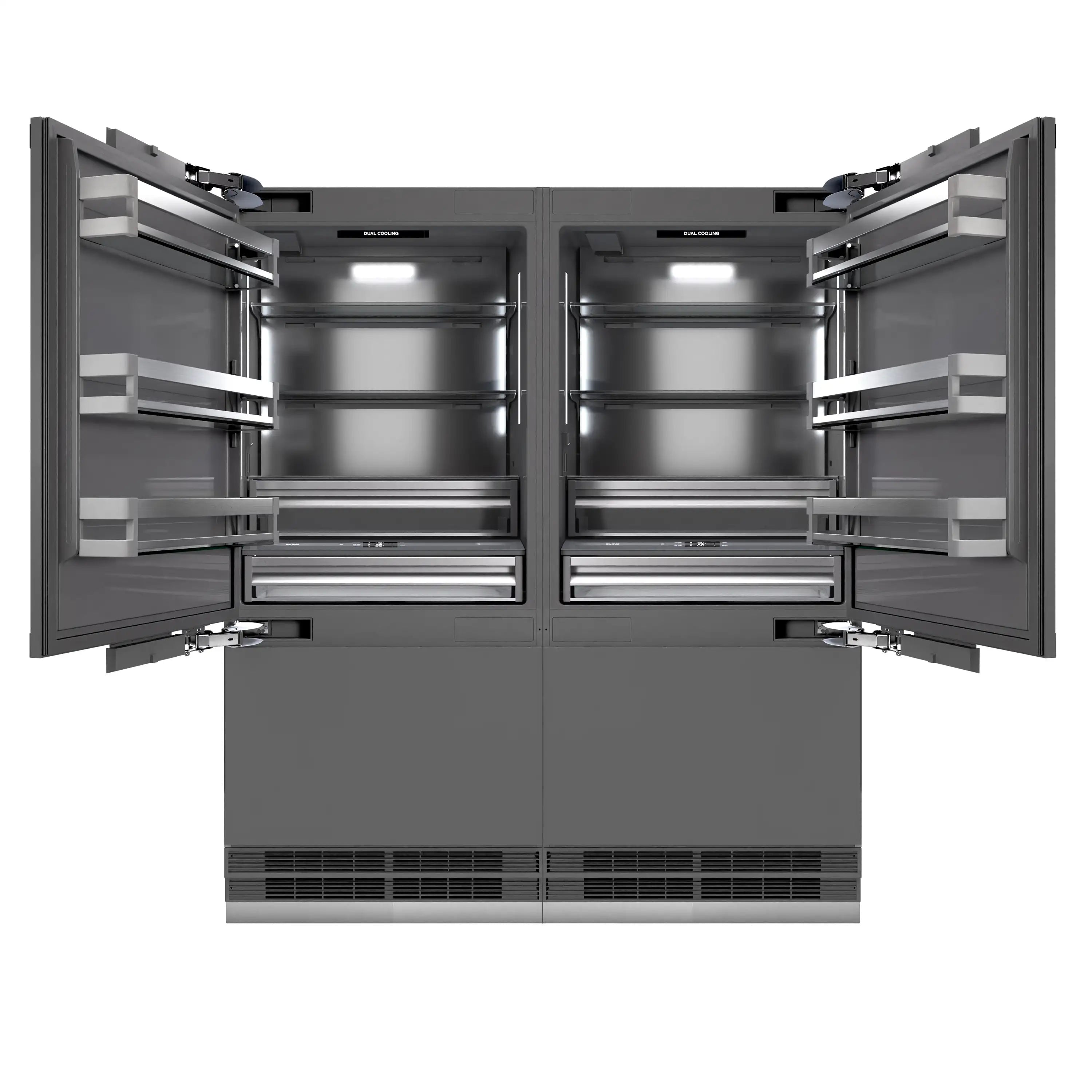 Open bottom-freezer refrigerator with dual doors, shelves, and drawer bins