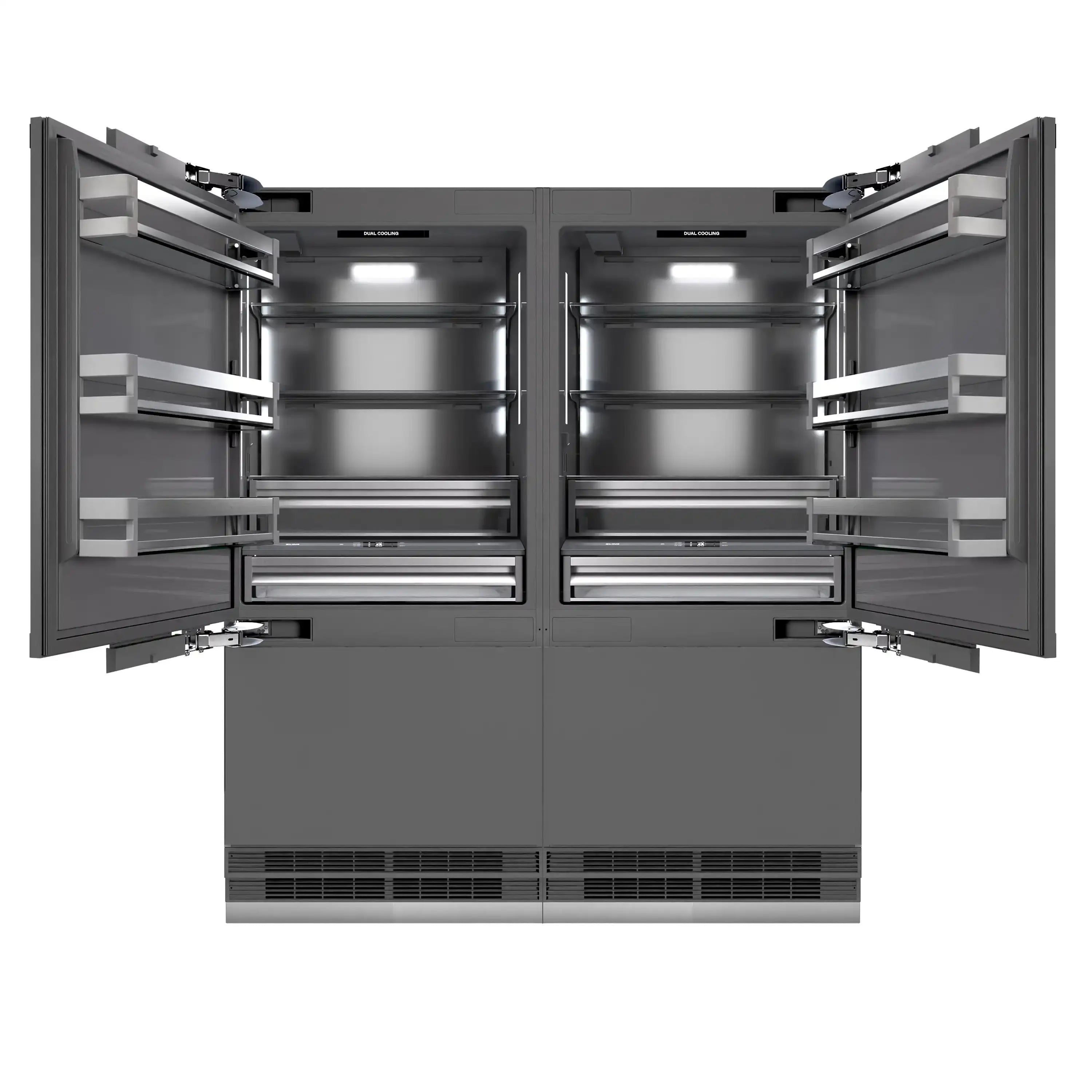 Opened French door refrigerator showing interior shelves and bottom freezer vent