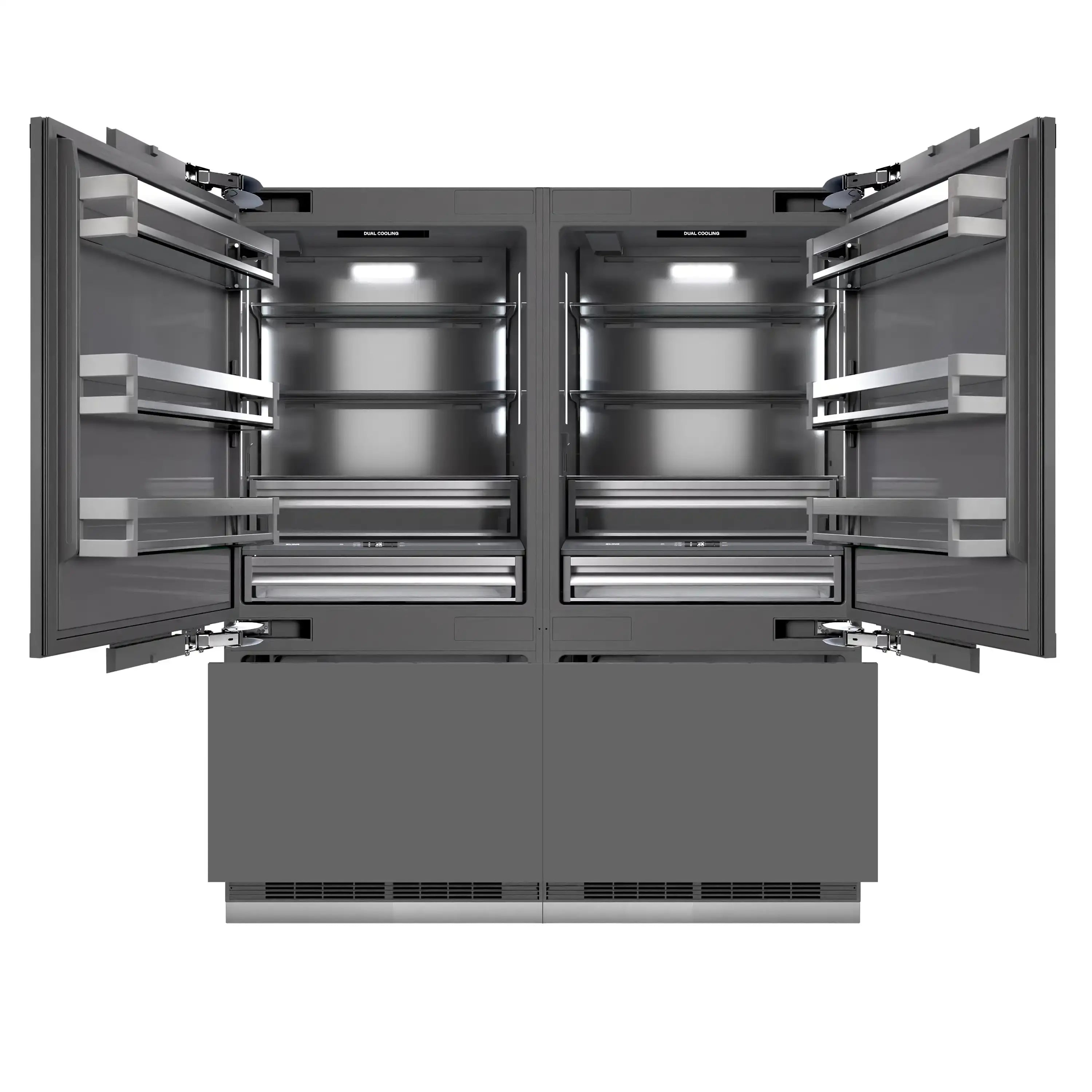 Panel-ready French door refrigerator with open doors, gray interior shelves and drawers