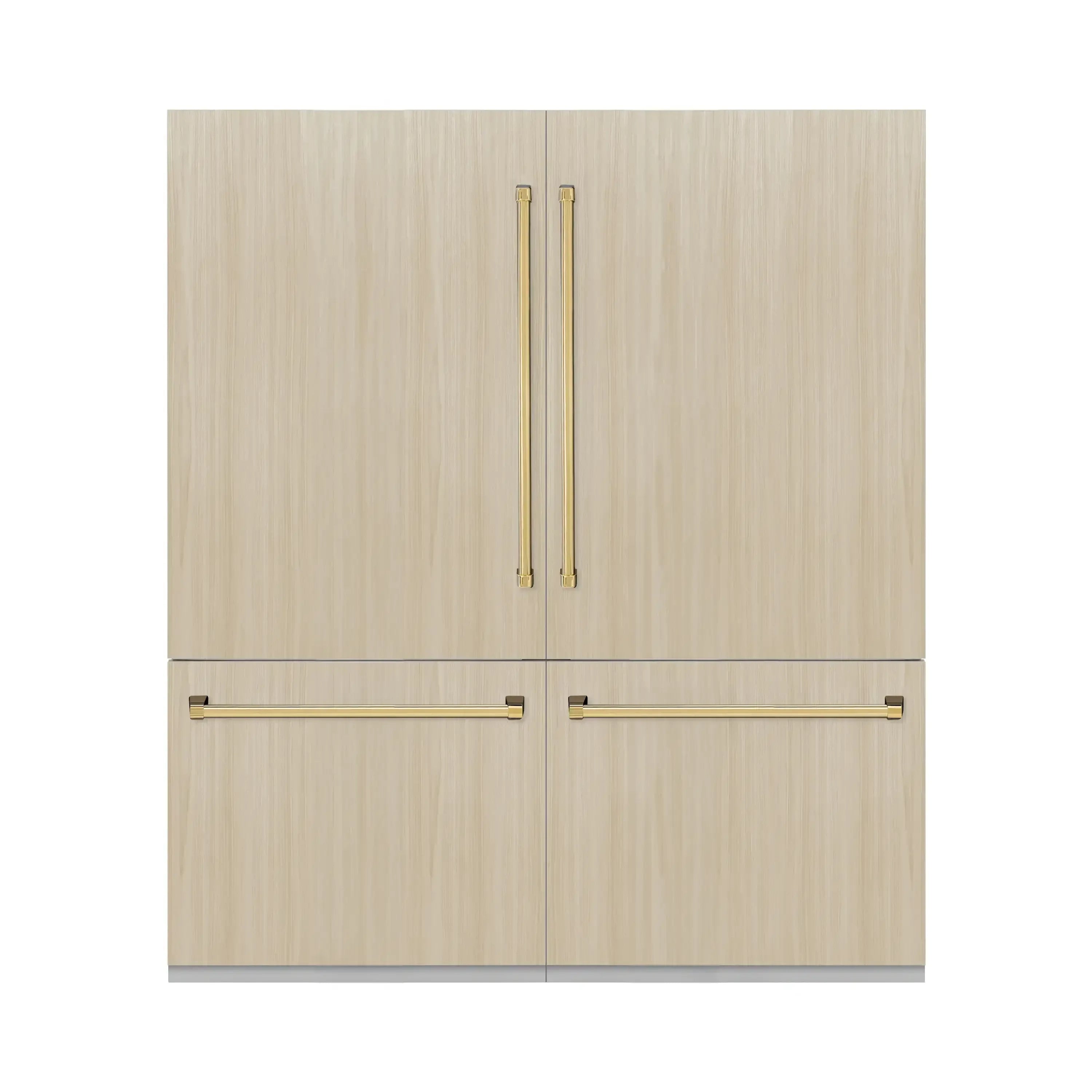 Panel-ready refrigerator front with light wood doors and polished gold bar handles