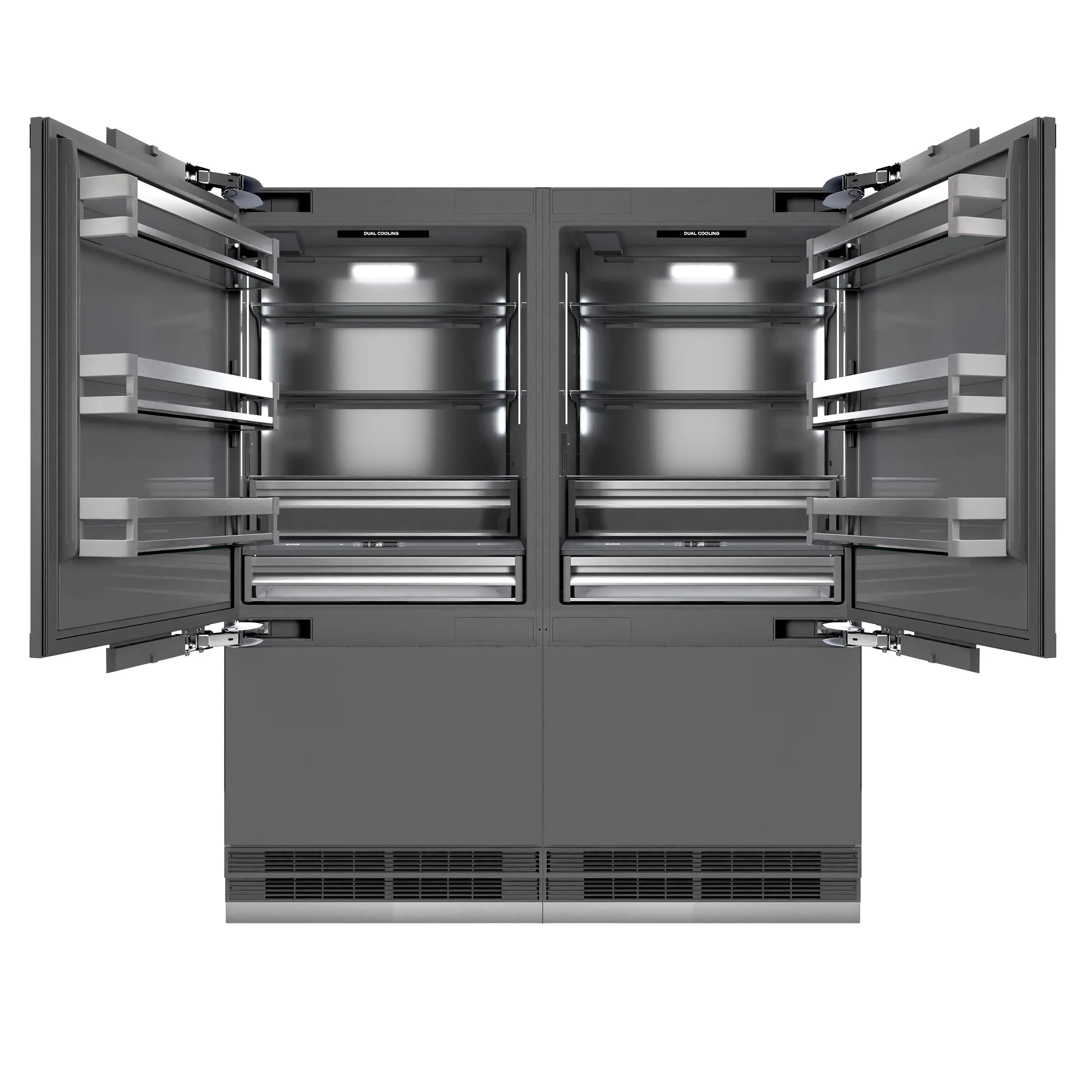 Built-in French door refrigerator with open doors, interior shelves, and drawers