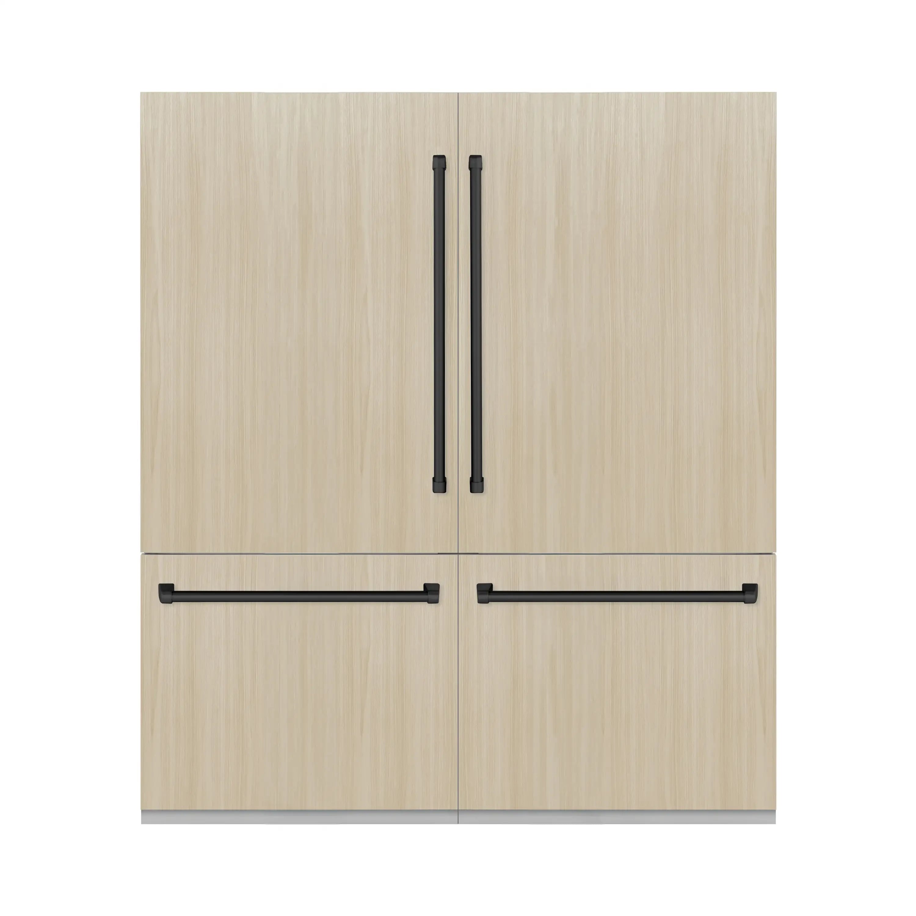 Panel-ready French door refrigerator with light wood panels and black bar handles