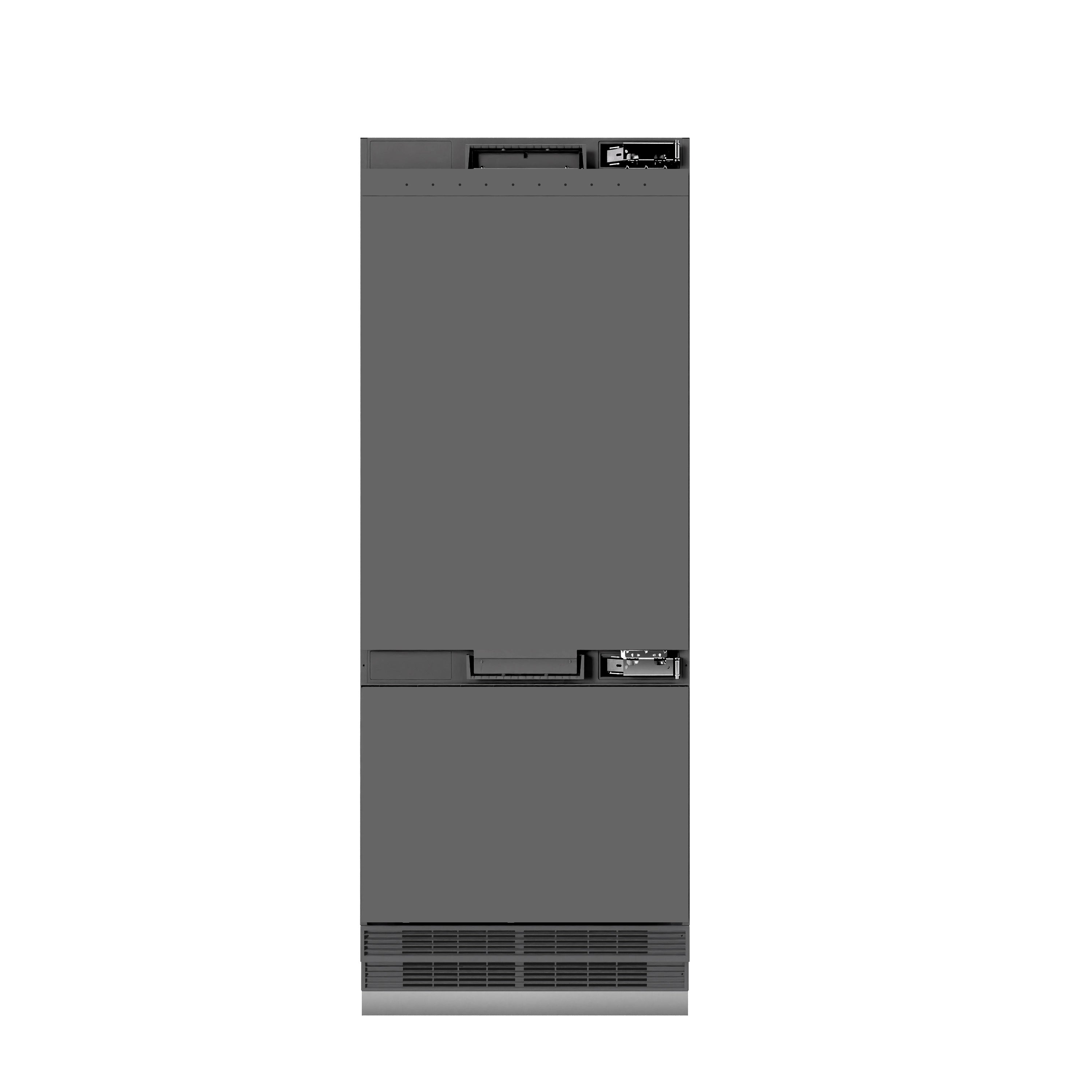 Panel-ready bottom freezer refrigerator cabinet front with bottom vent grille