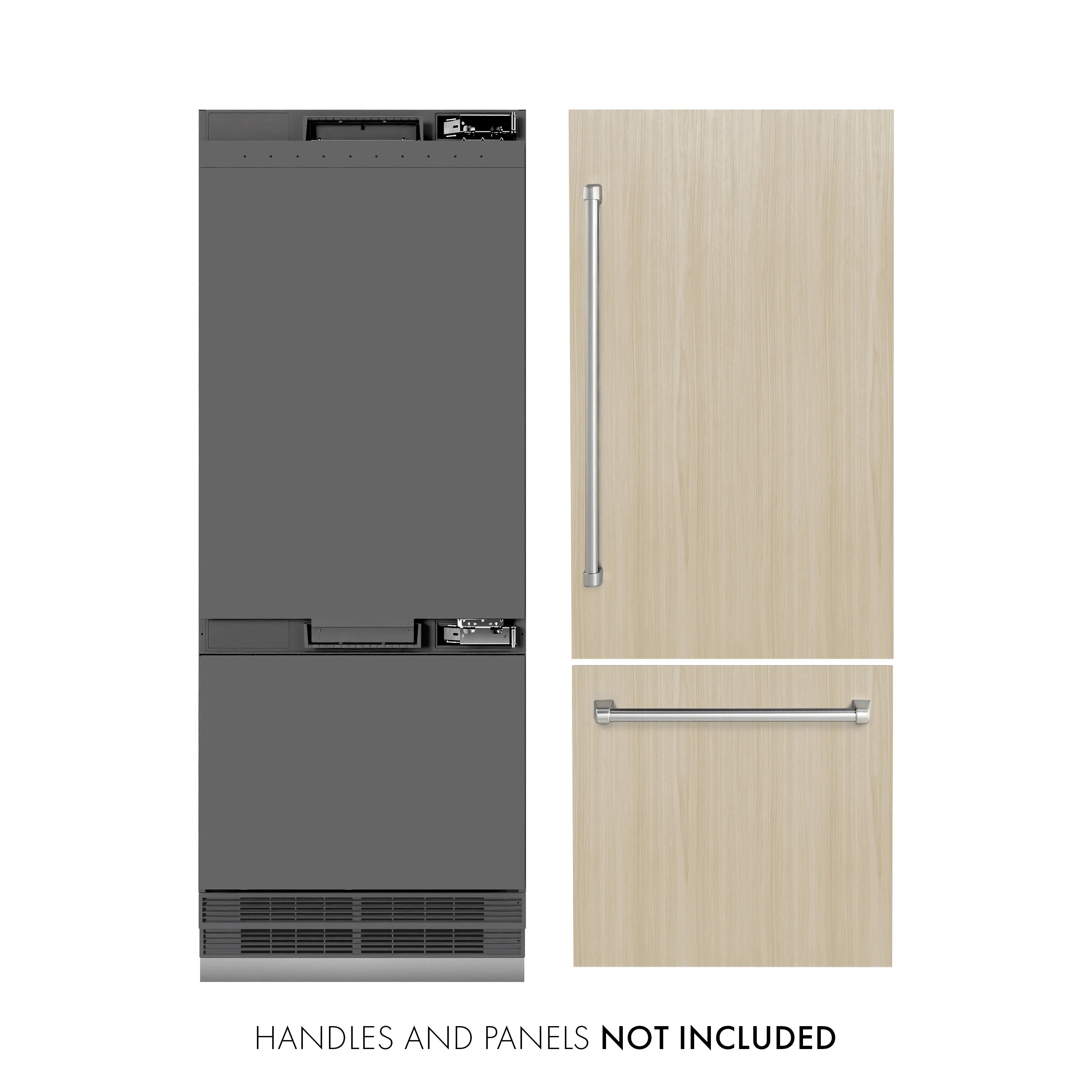 Panel-ready built-in refrigerator with light wood door panels and blank handle areas