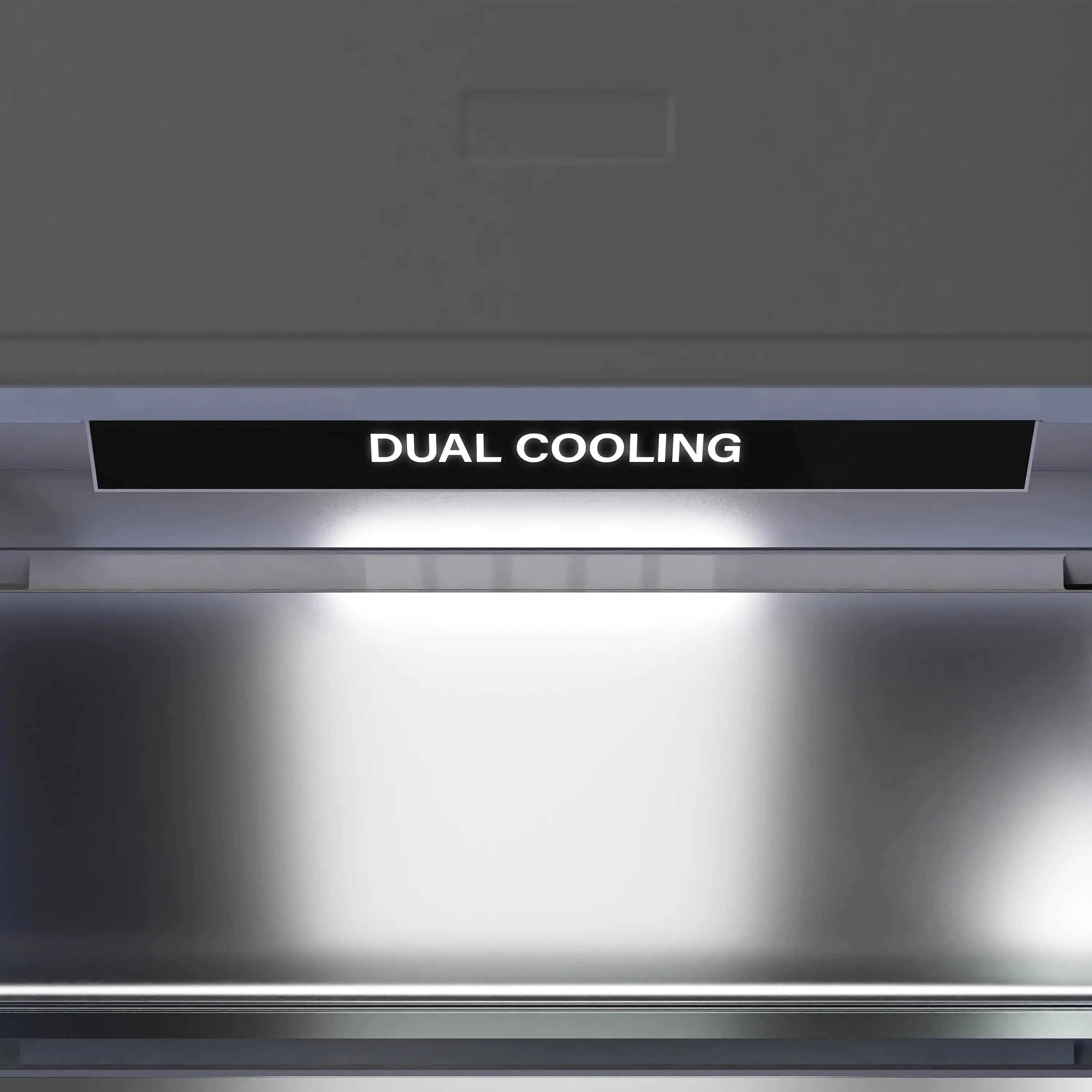 ZLINE built-in refrigerator control bar labeled “DUAL COOLING” above interior vents