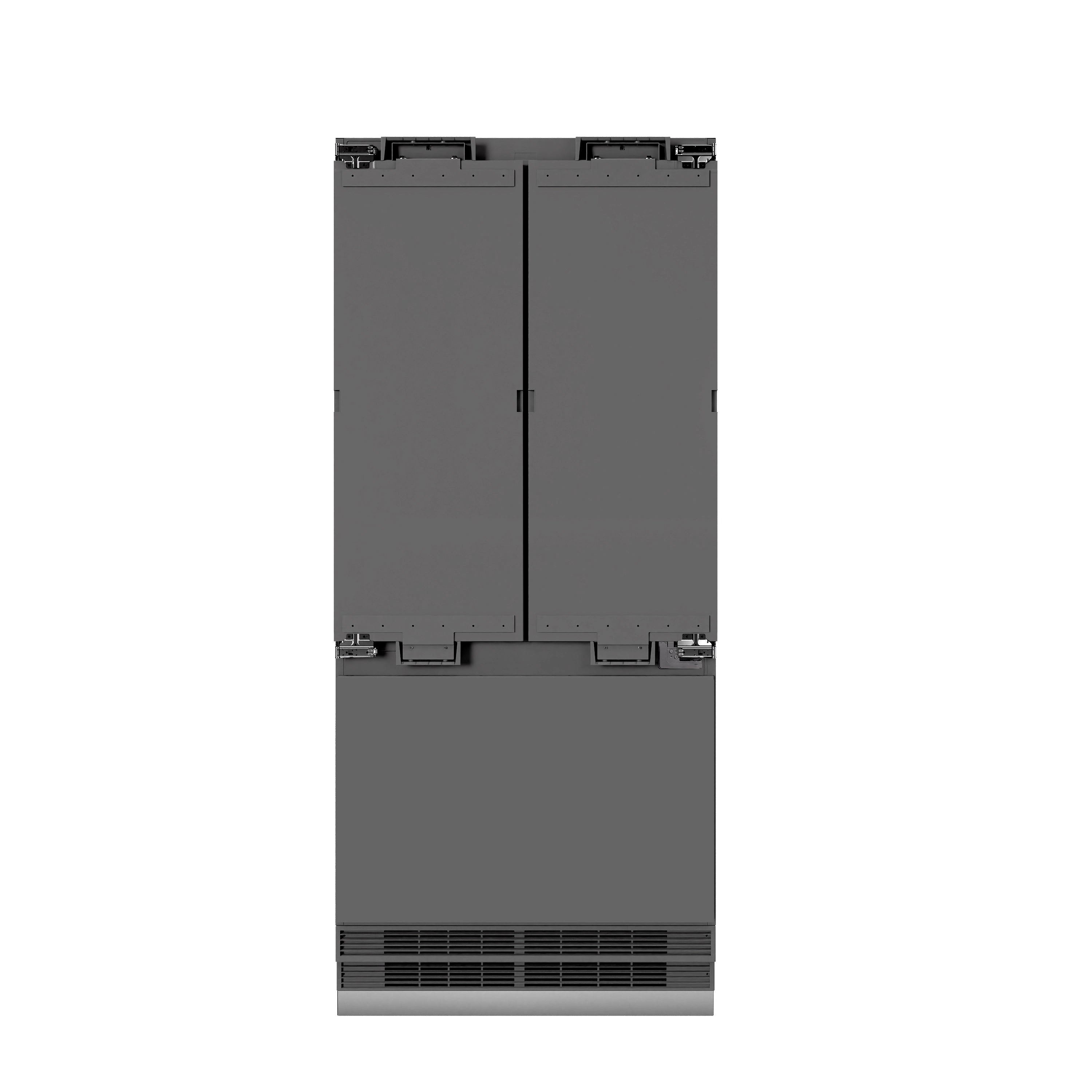 Panel-ready graphite gray French door refrigerator, bottom freezer with vented front grille.