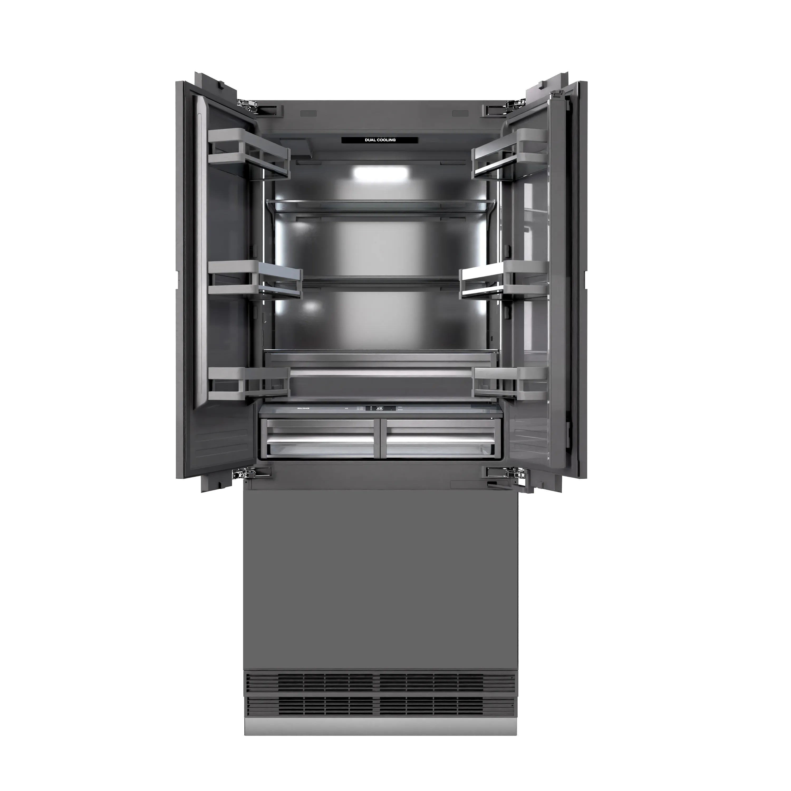 Graphite gray French door refrigerator with doors open, lit interior shelves and drawer freezer.