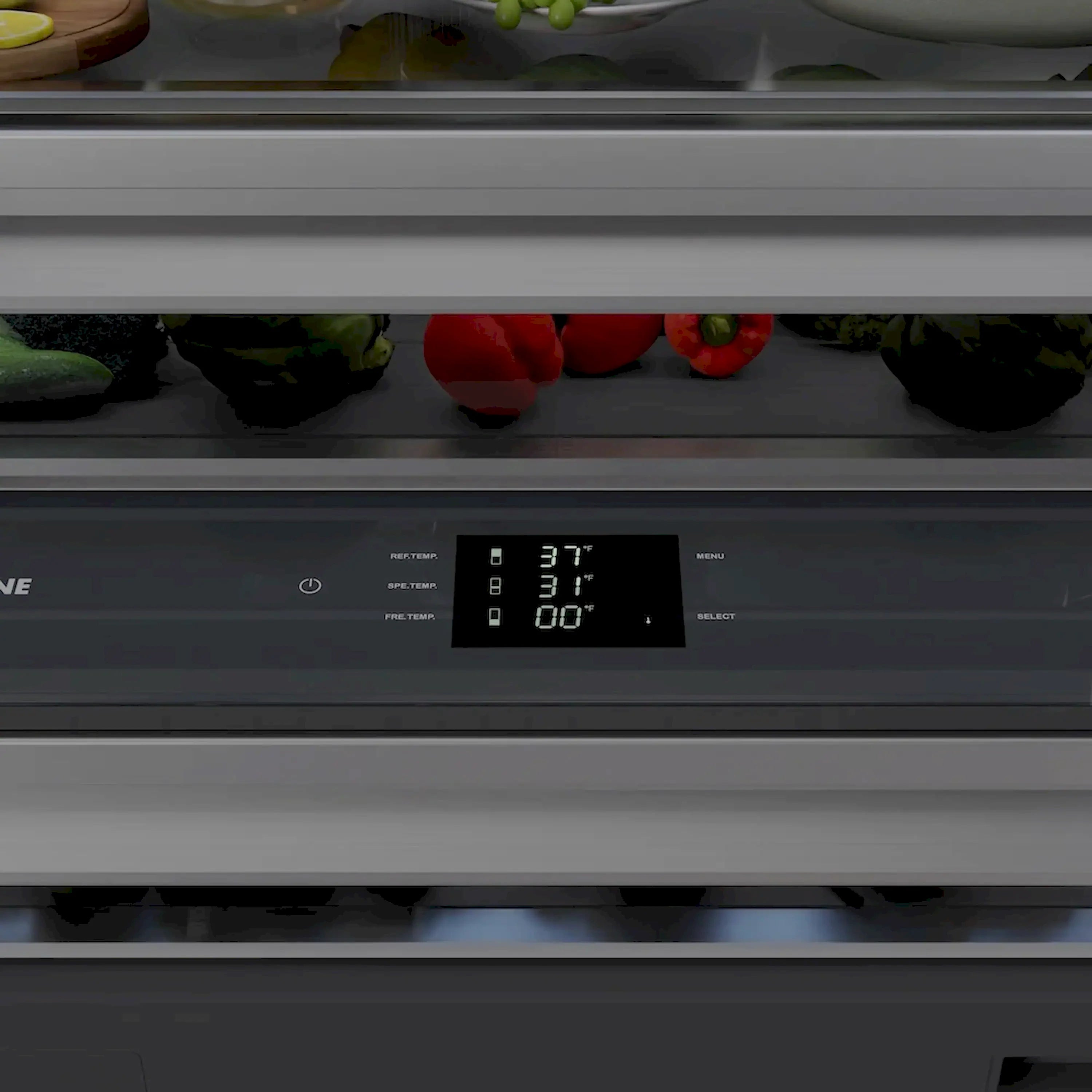 Refrigerator control panel with digital display and settings buttons above drawer