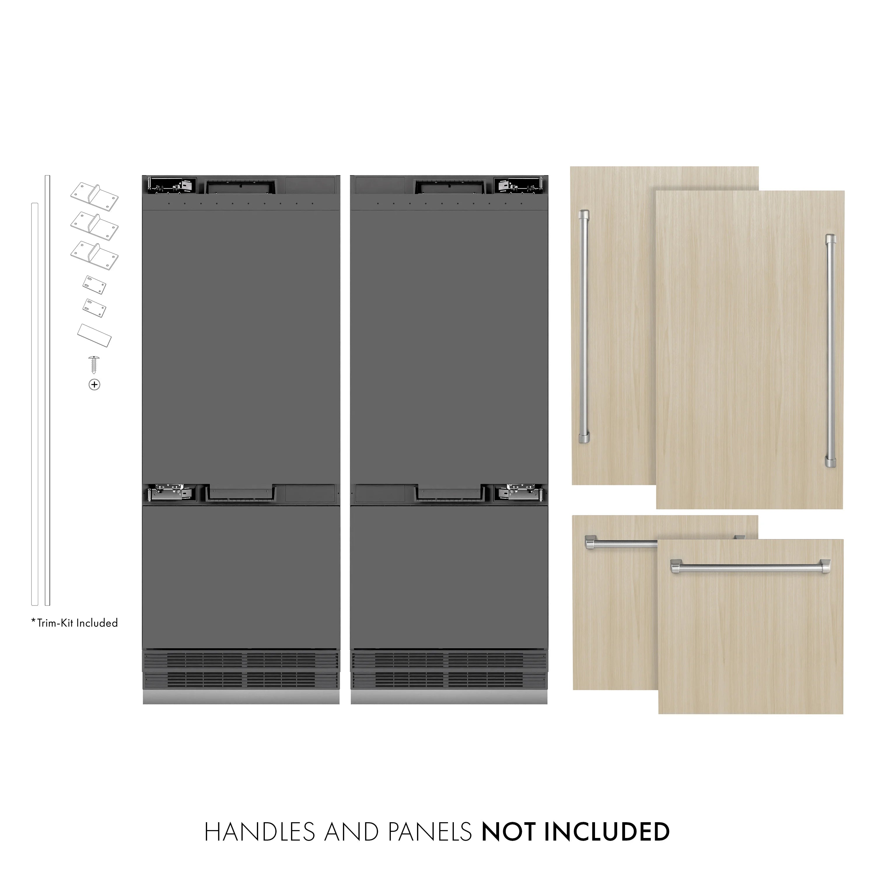 Panel-ready refrigerator frame with optional wooden door panels shown in an exploded view