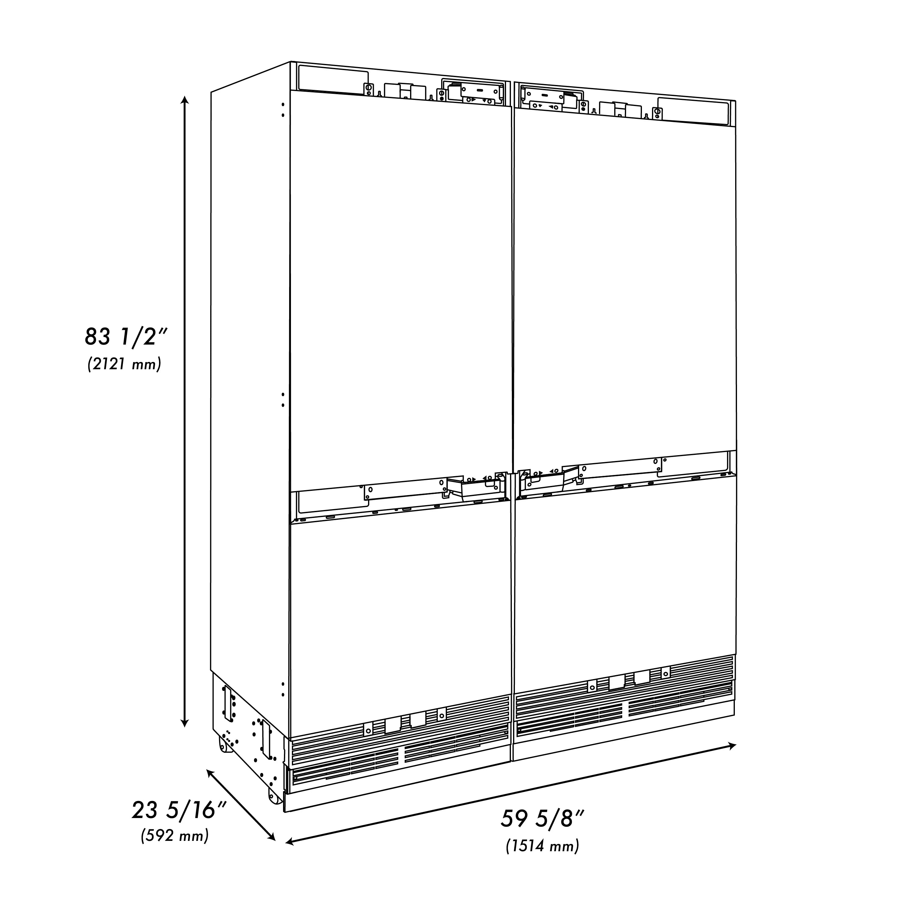Refrigerator installation dimensions diagram with height and width measurements