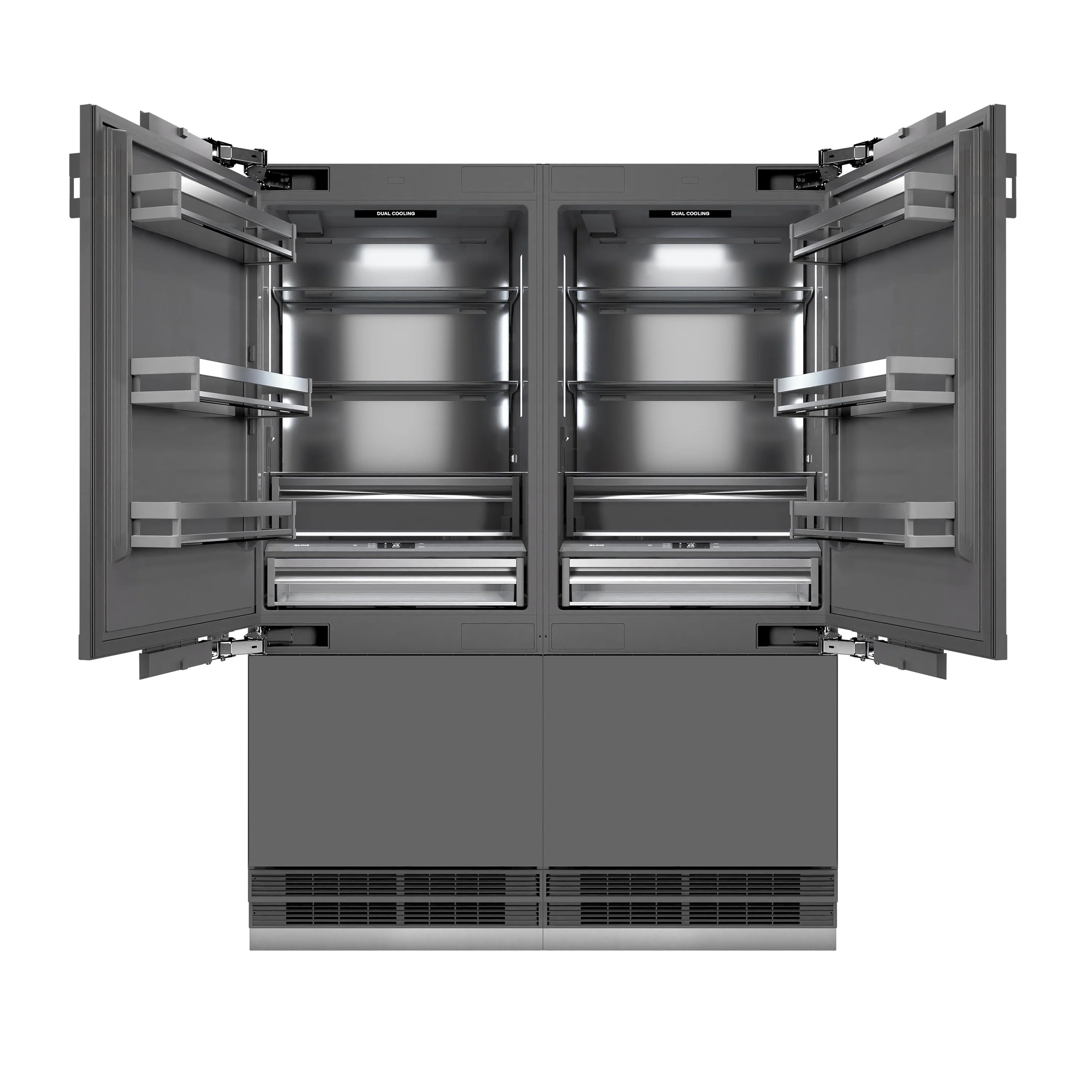 Built-in French door refrigerator with open doors, shelves, and drawers in graphite
