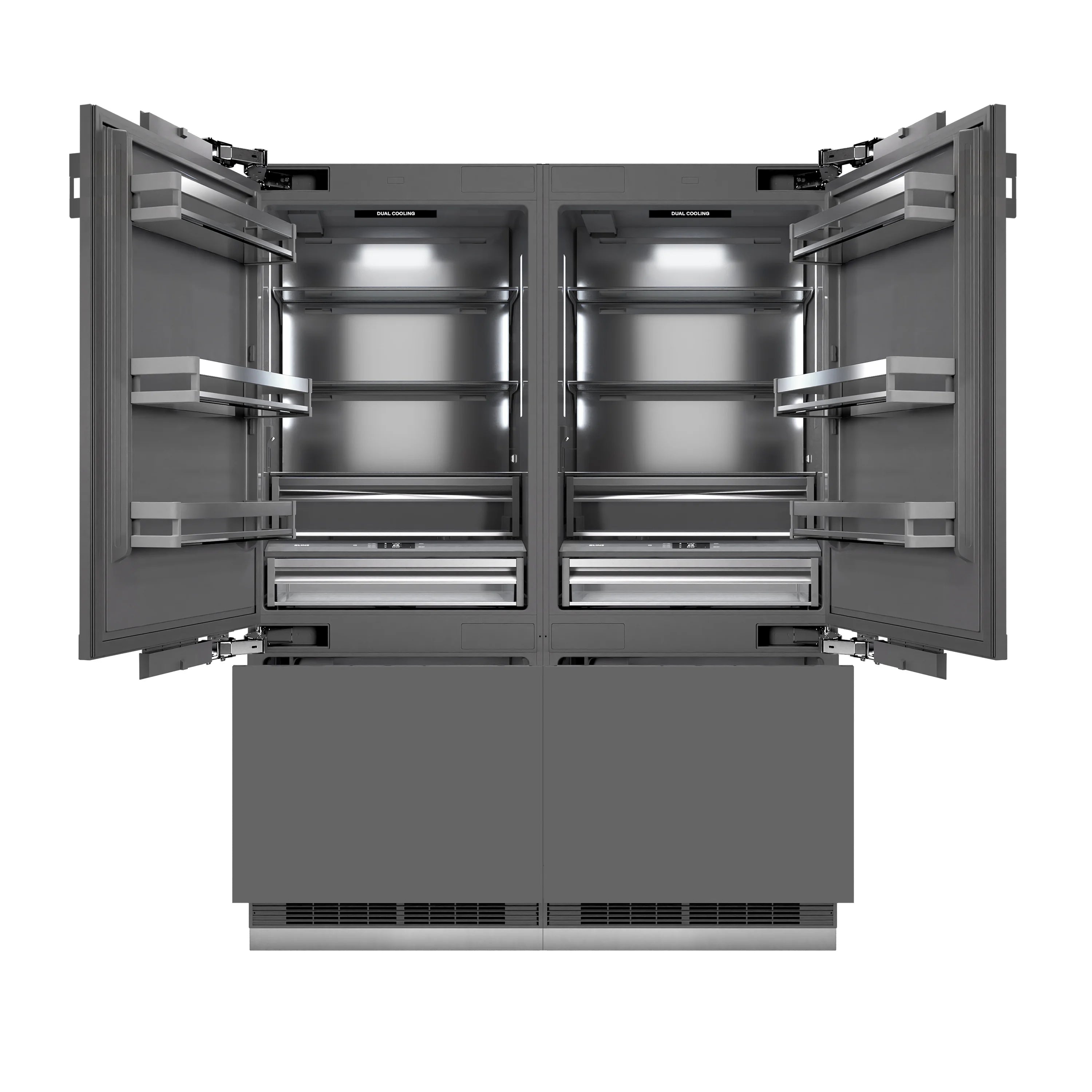 Built-in French door refrigerator open view with interior shelves and bottom freezer