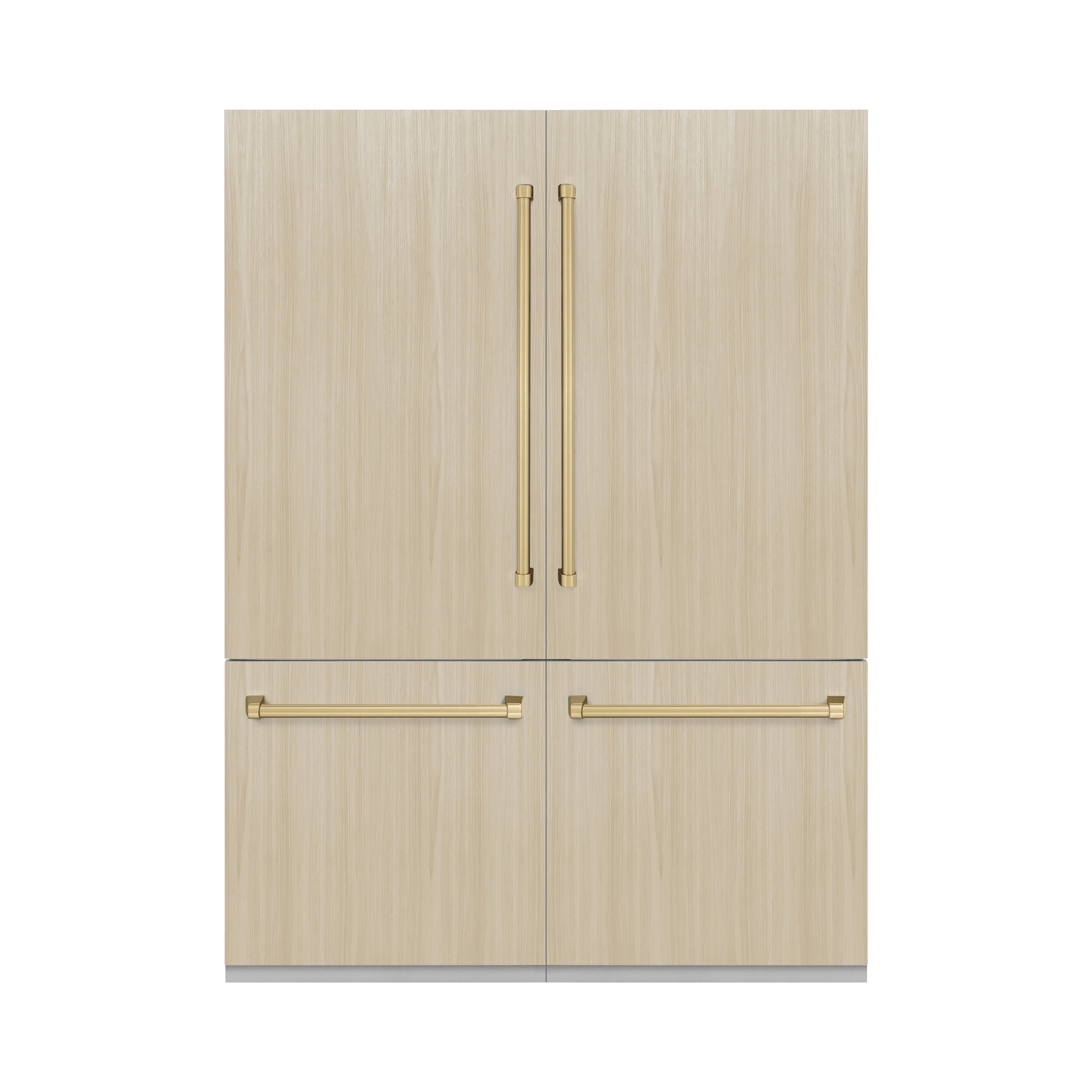 Panel-ready French door refrigerator with light wood panels and champagne bronze handles