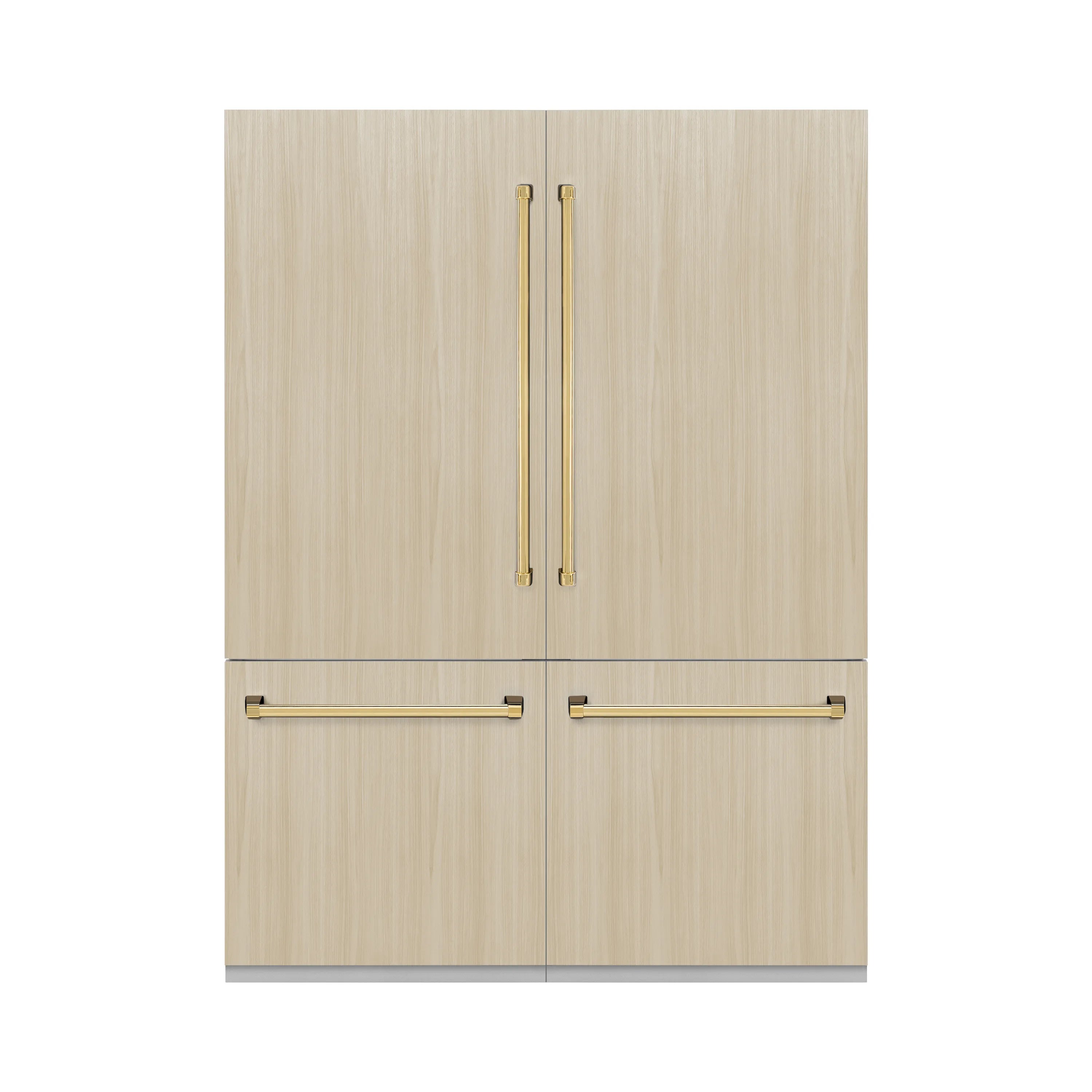 Panel-ready refrigerator with light wood doors and polished gold bar handles