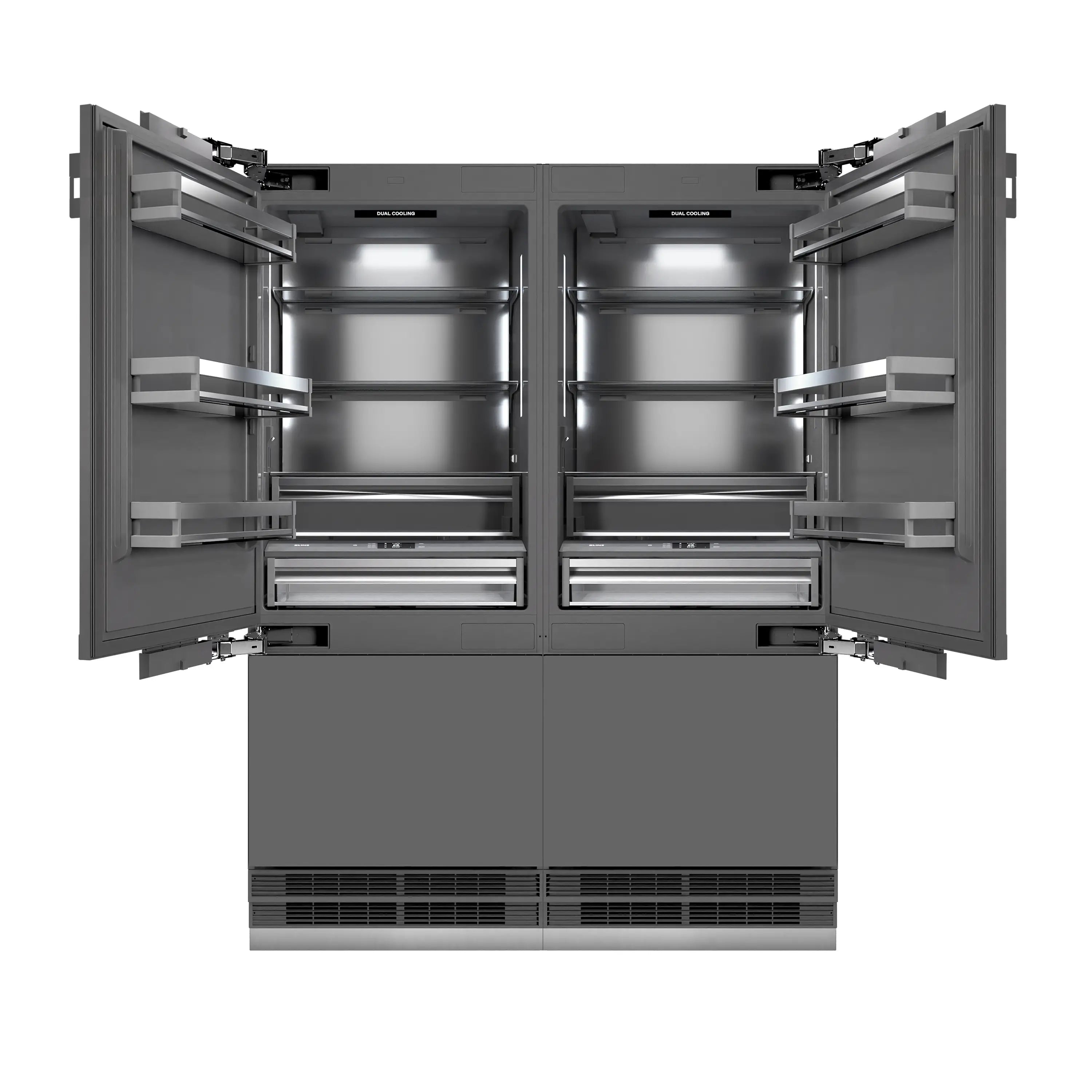 Panel-ready French door refrigerator open to show freezer and fridge shelves