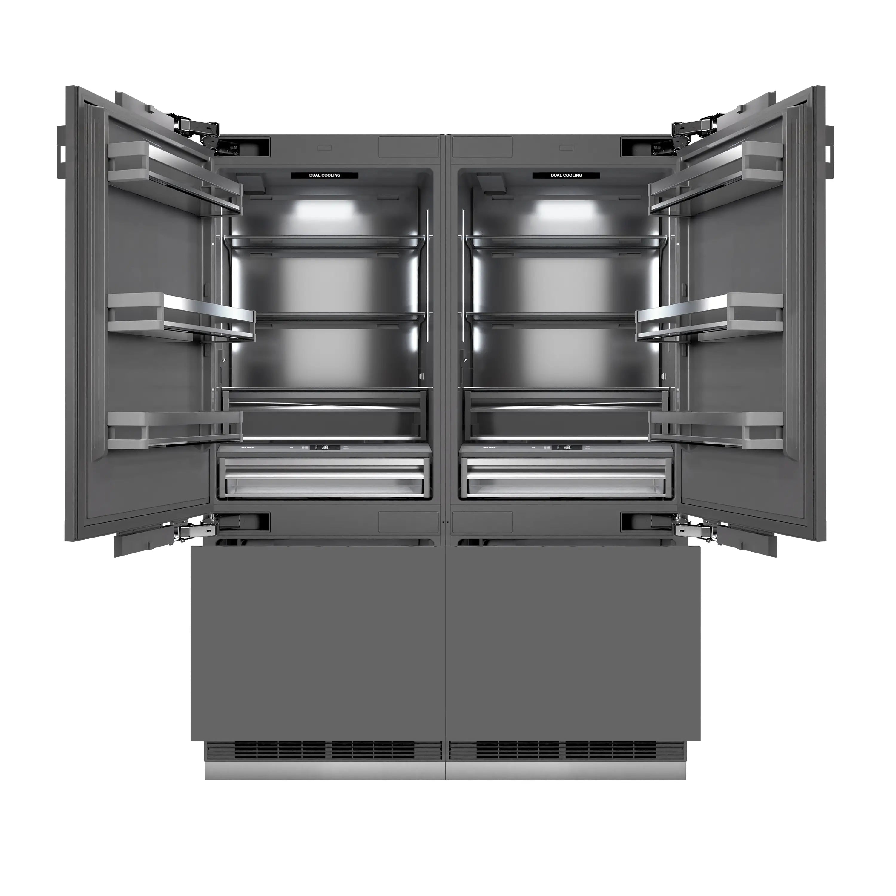 Panel-ready French door refrigerator interior view with adjustable shelves