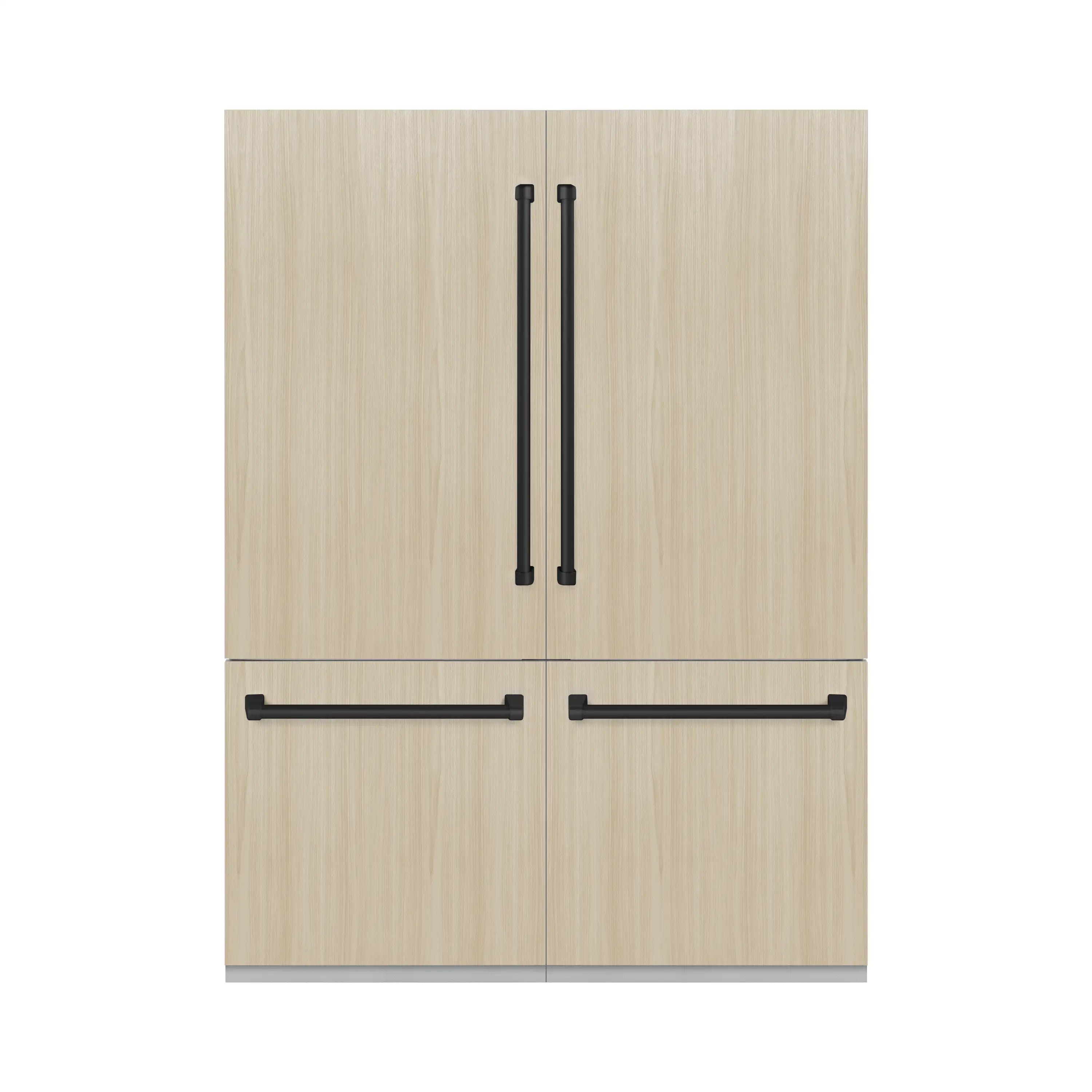 Panel-ready French door refrigerator with light wood doors and black handles