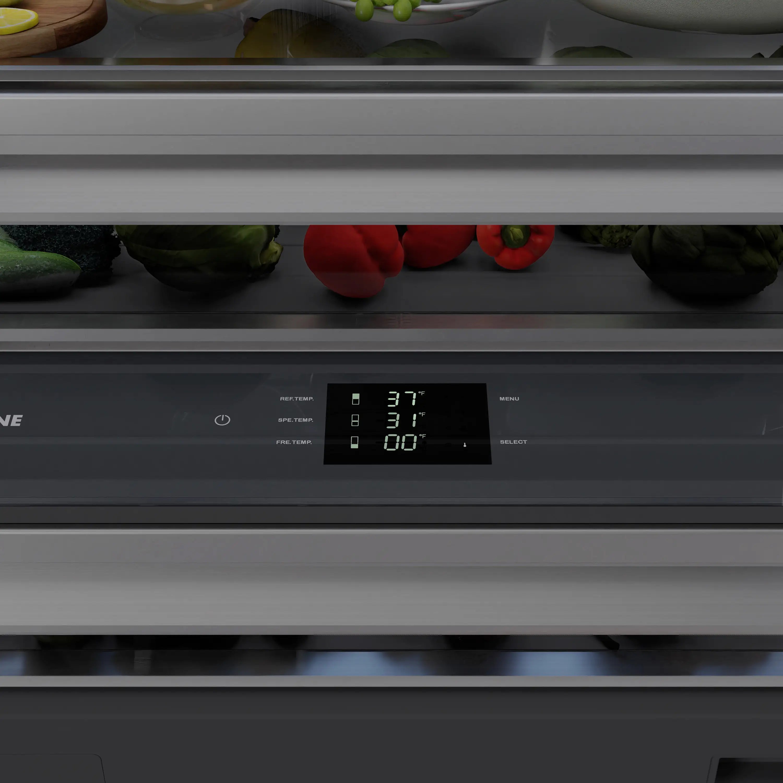 Refrigerator control panel with digital display and fruit storage shelf above