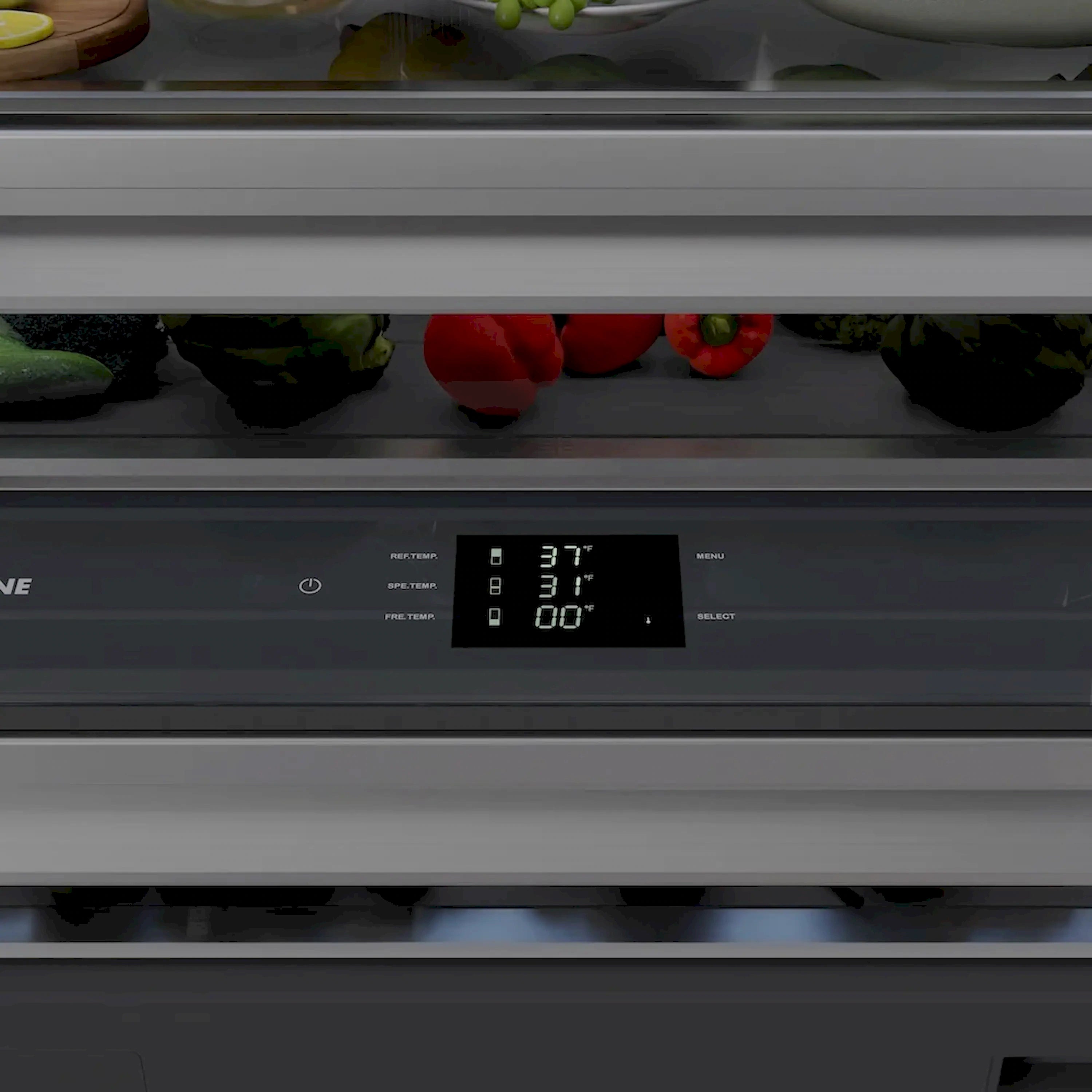 Refrigerator interior control panel with digital temperature display and icons