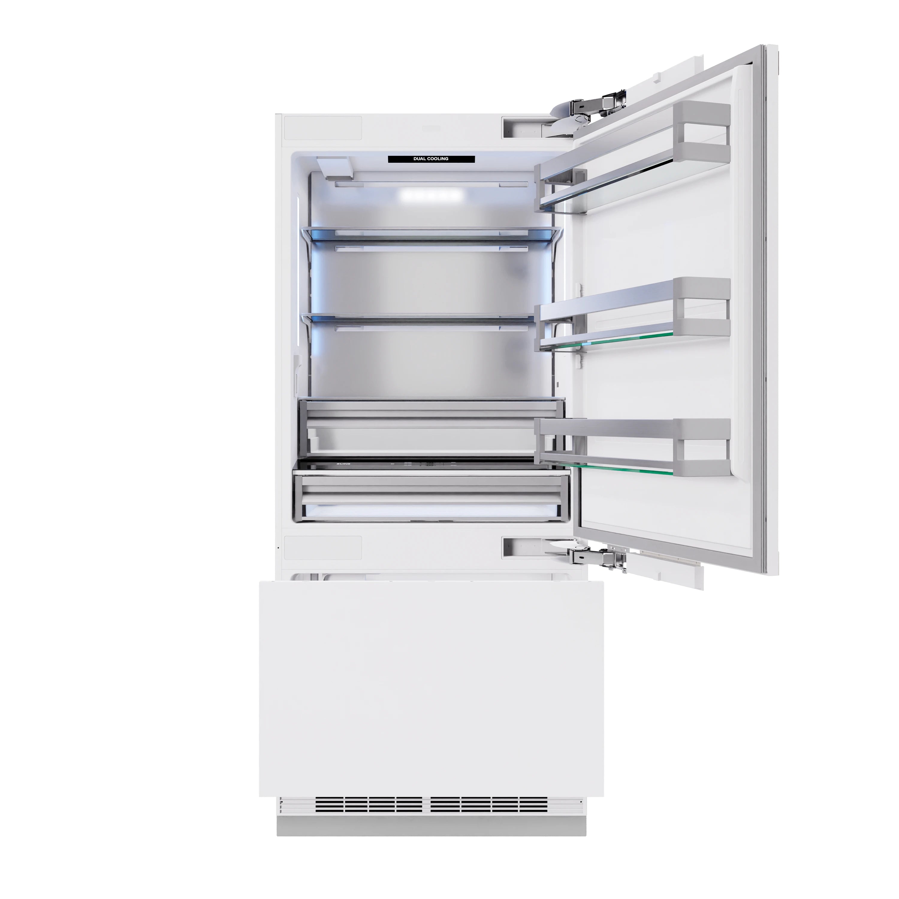Bottom freezer refrigerator open door showing refrigerator shelves and drawers