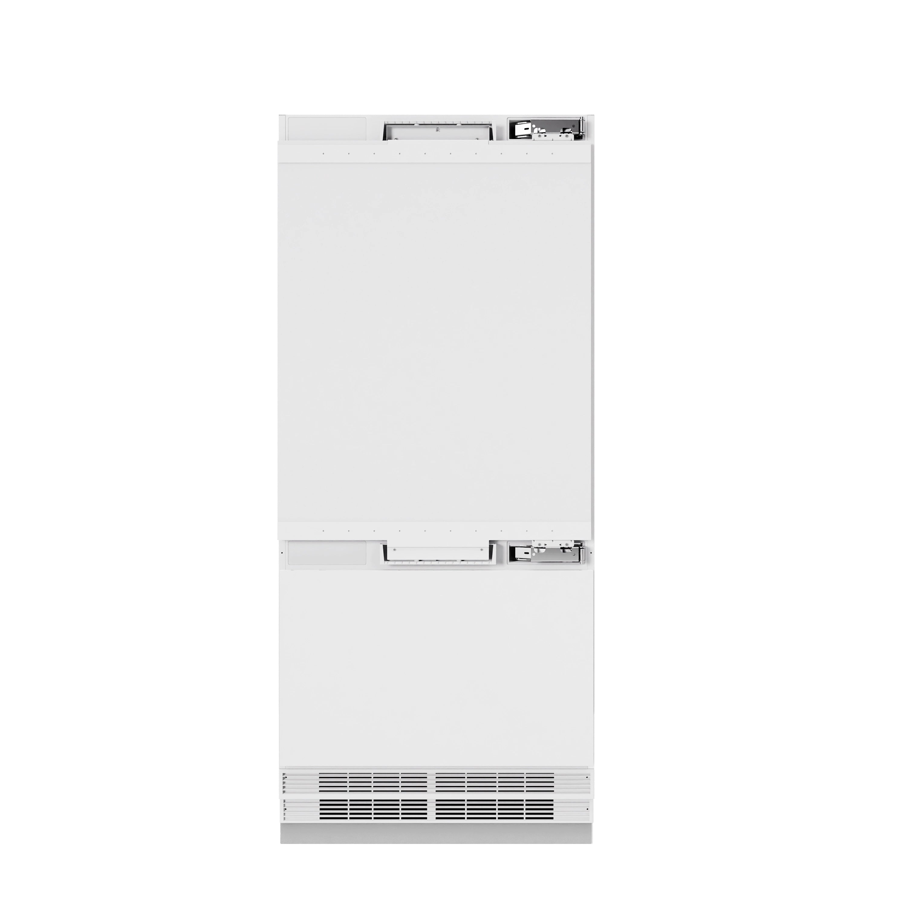White panel-ready bottom freezer refrigerator cabinet with lower vent grille