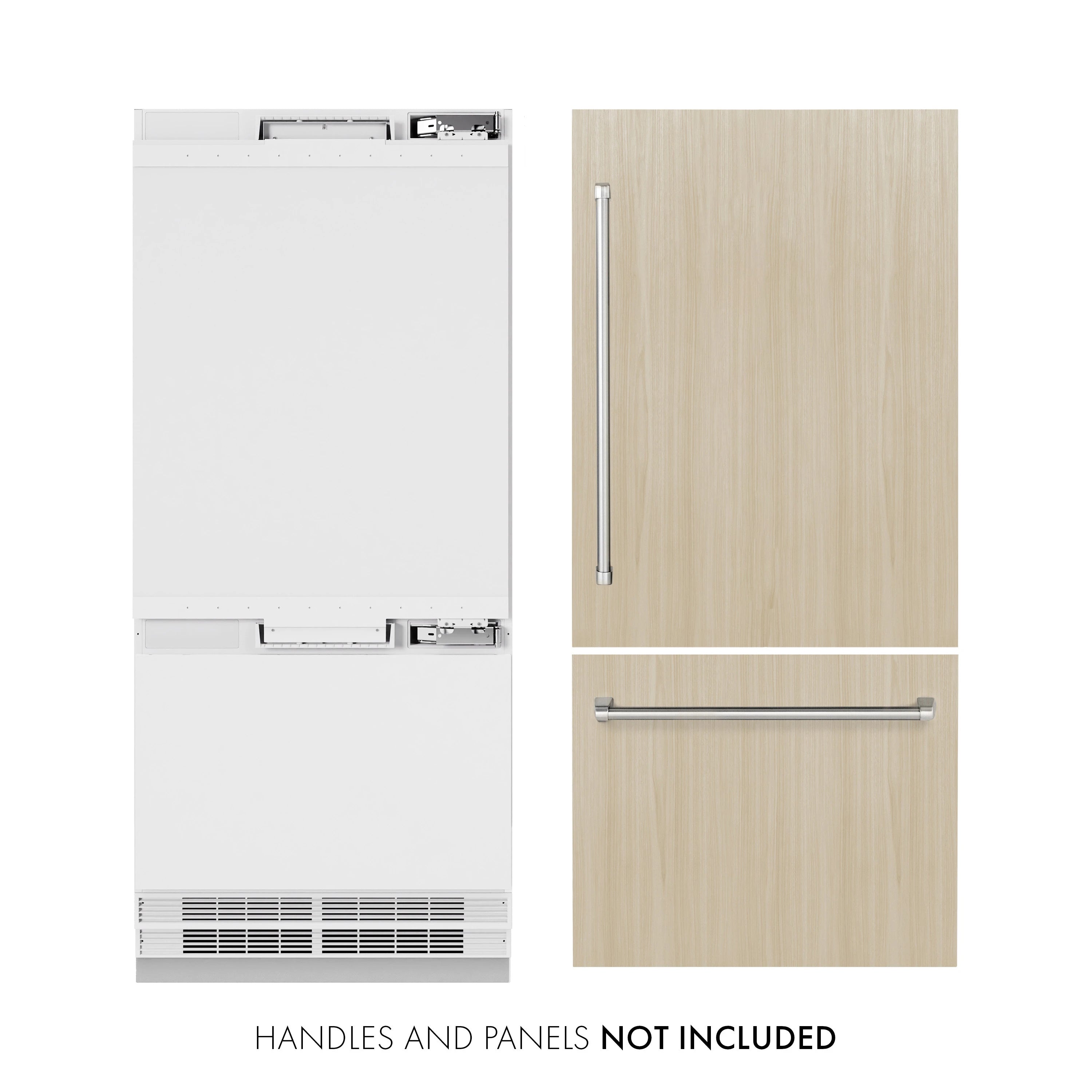 Panel-ready bottom freezer refrigerator with stainless handle and water dispenser opening