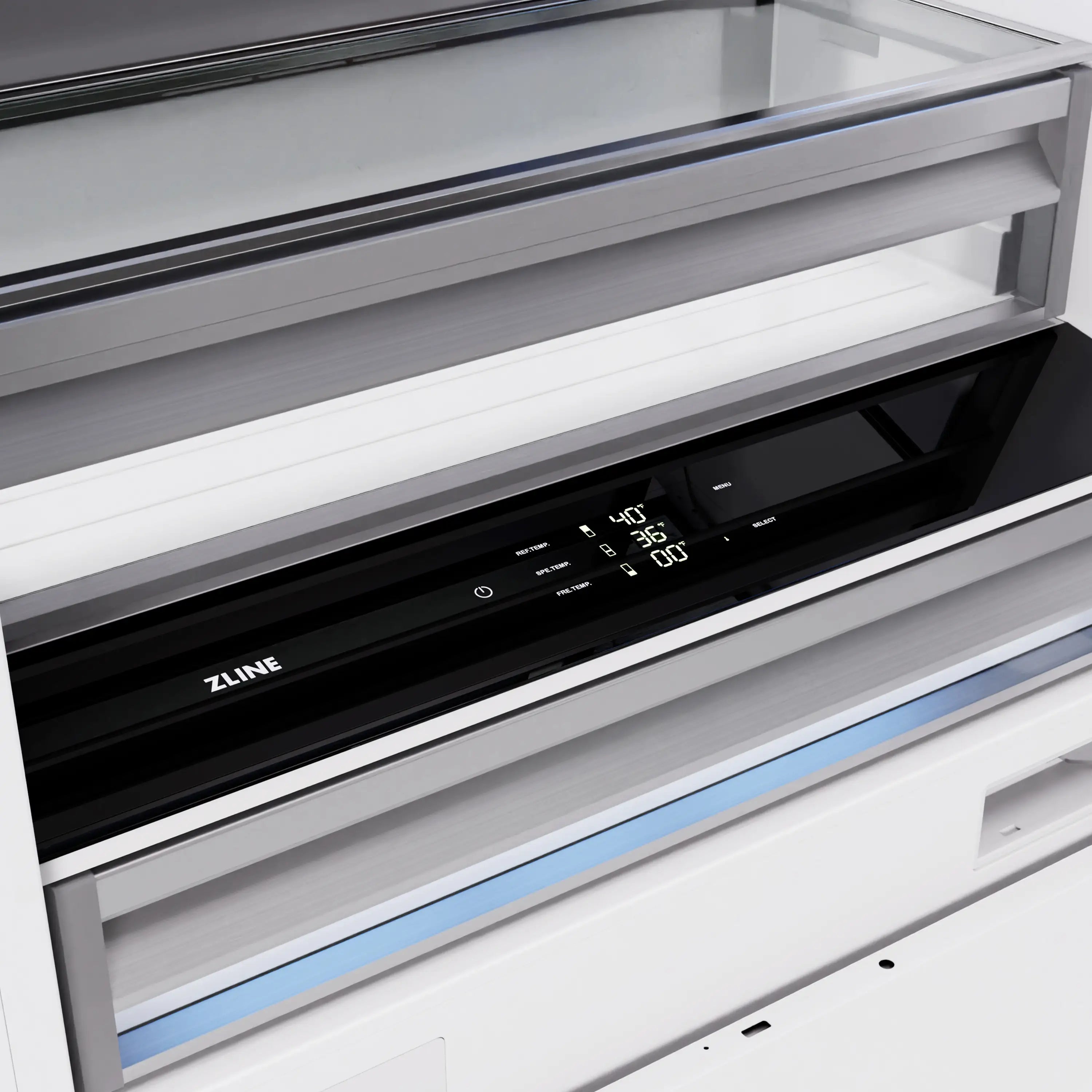 Built-in French door refrigerator control strip with ZLINE brand and backlit buttons