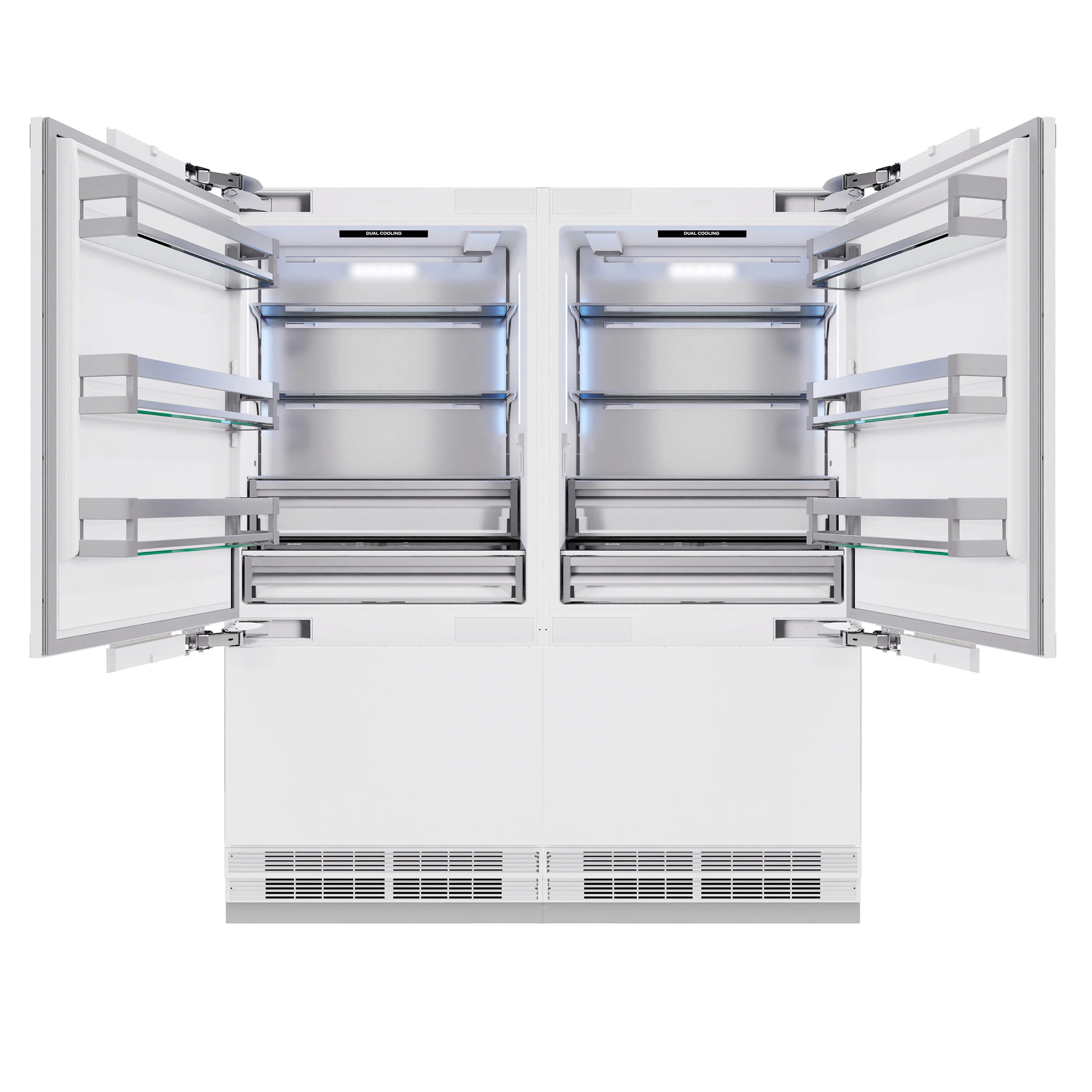 Open built-in French door refrigerator with shelves, bins, and door compartments