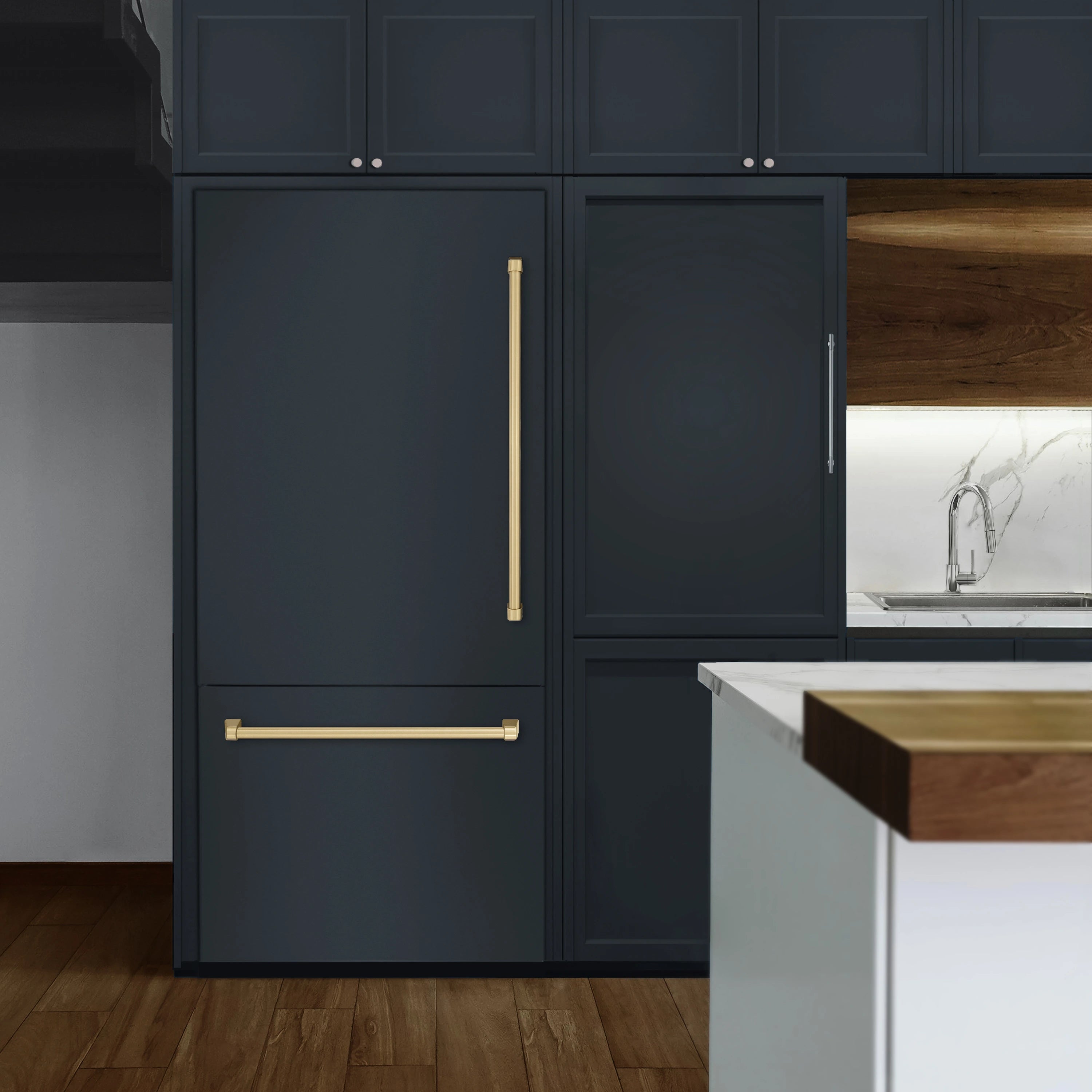 Panel-ready bottom freezer refrigerator with dark doors and champagne bronze handle hardware