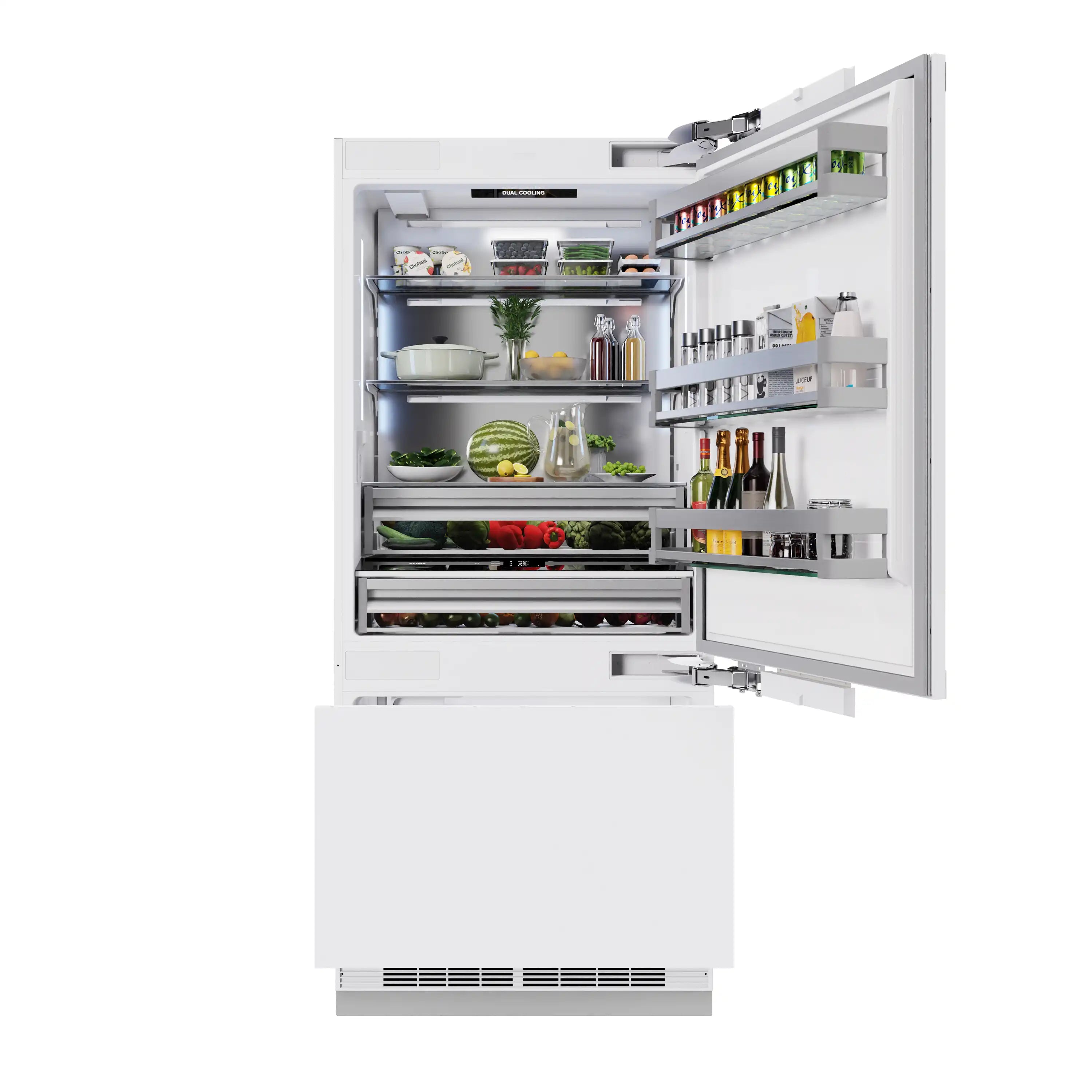 Open refrigerator with shelves and door bins filled with food items, for fresh storage