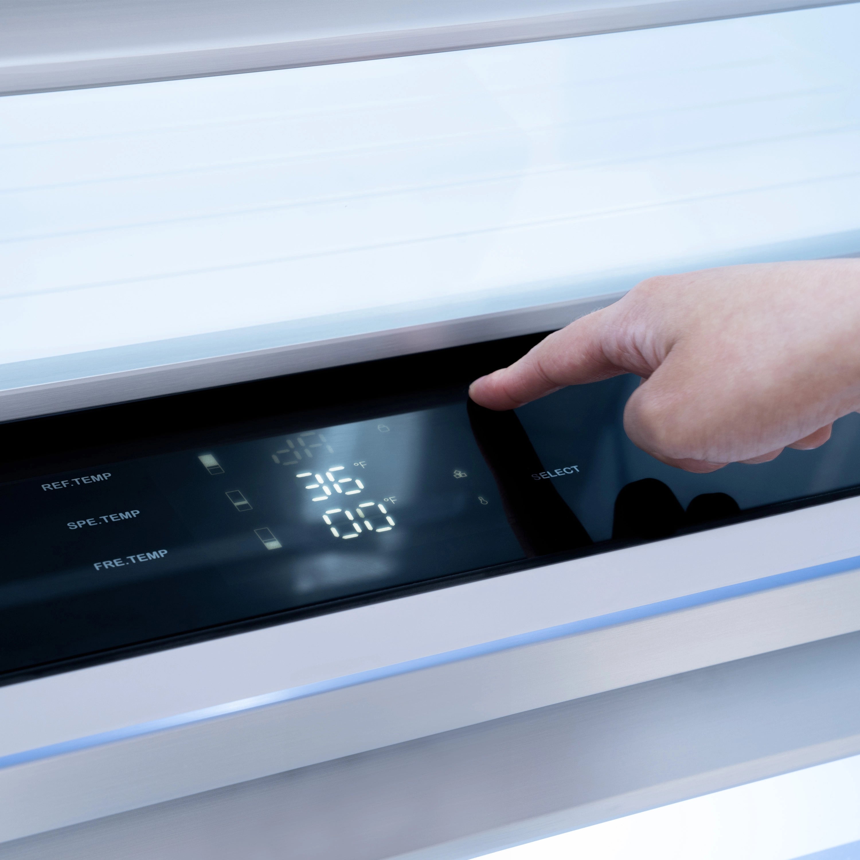 French-door refrigerator control panel with digital display and temperature settings