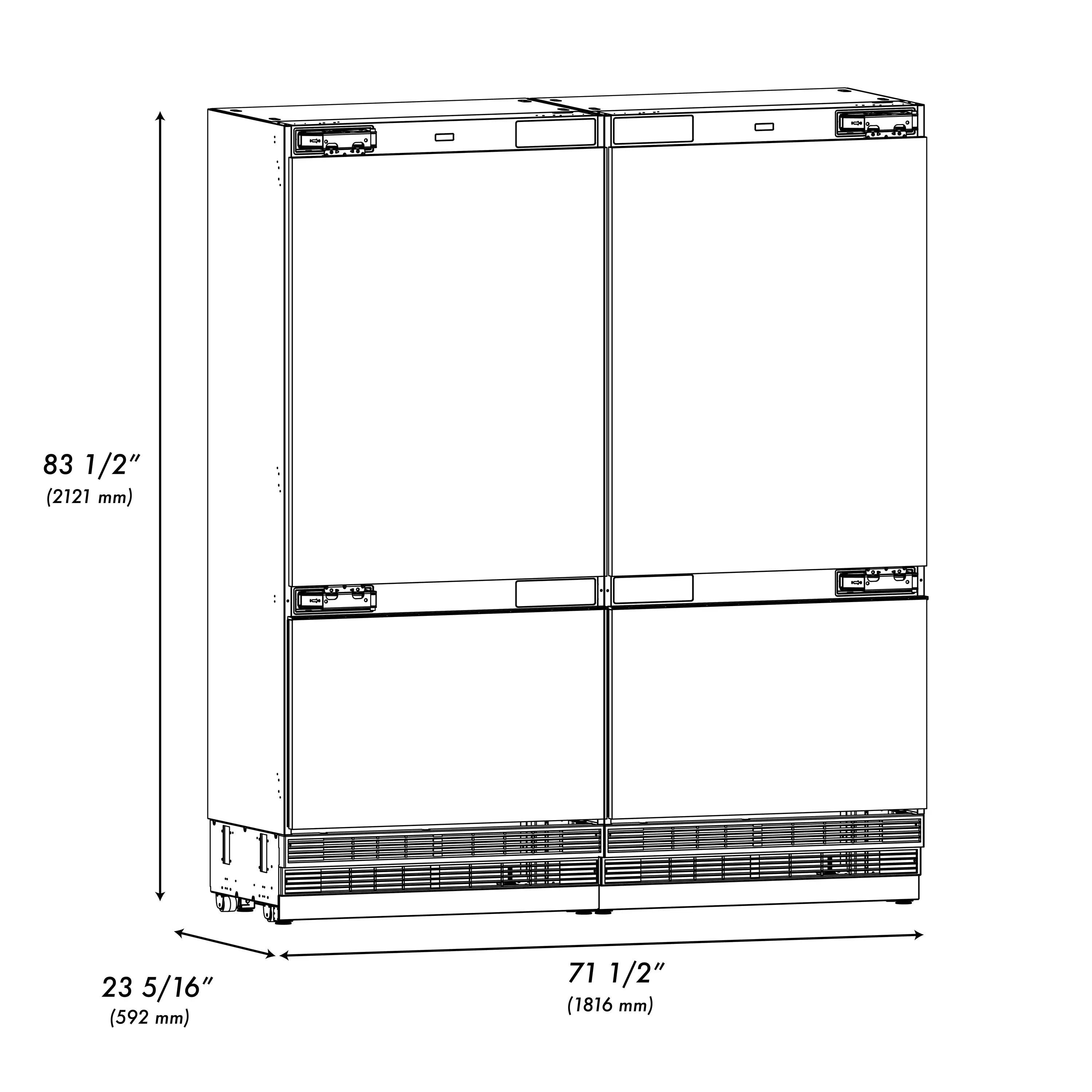 Built-in French door refrigerator dimensions diagram with open height and width measurements