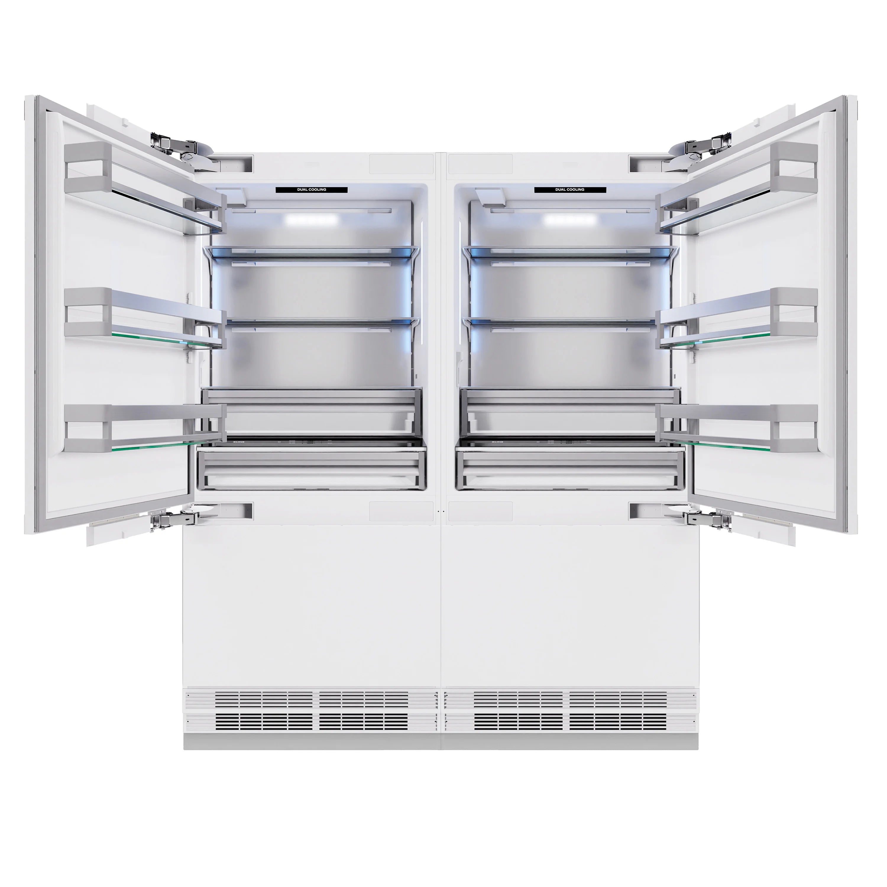Built-in French door refrigerator with both compartments open, adjustable shelves and drawers visible