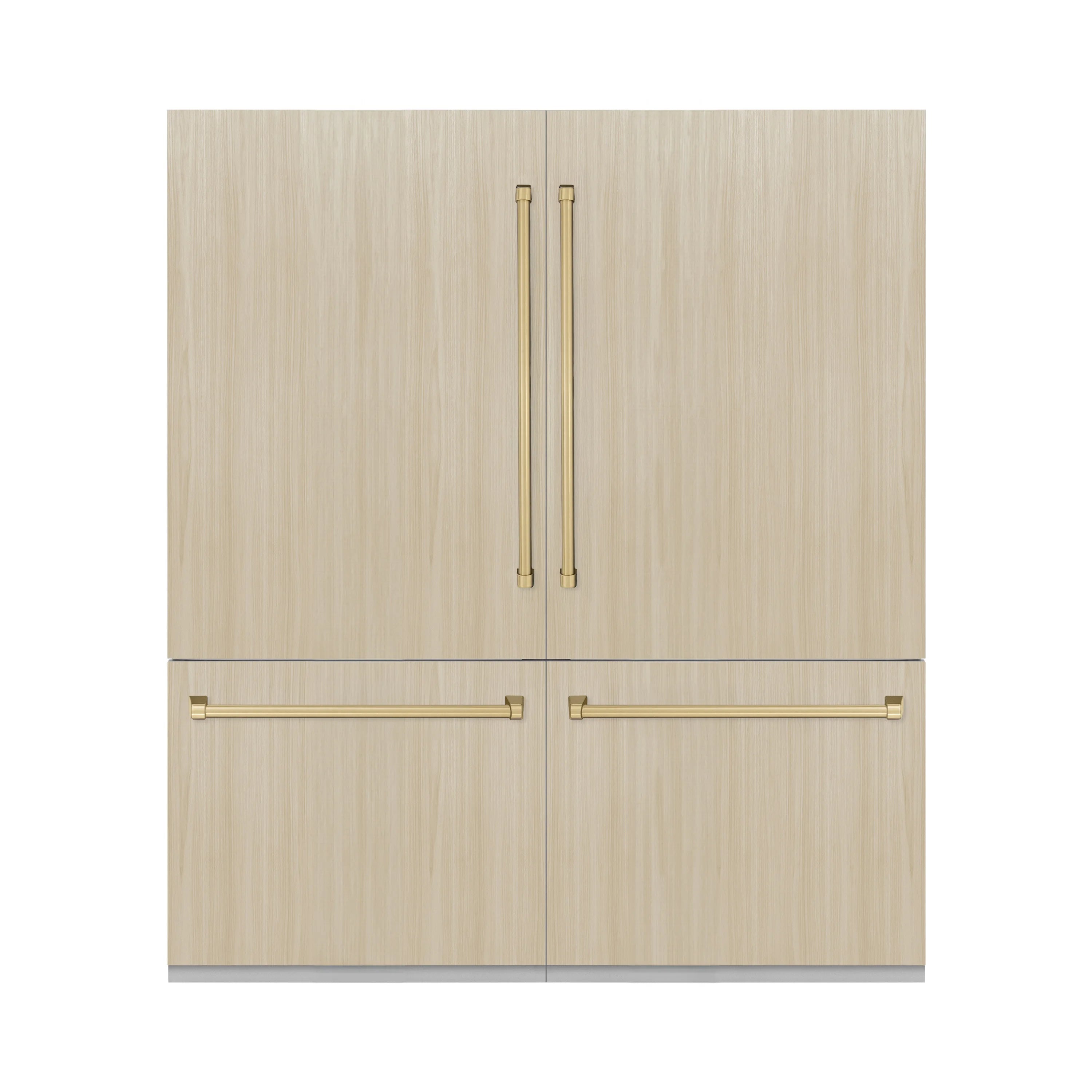 Panel-ready refrigerator door with champagne bronze bar handles on light wood-look panels