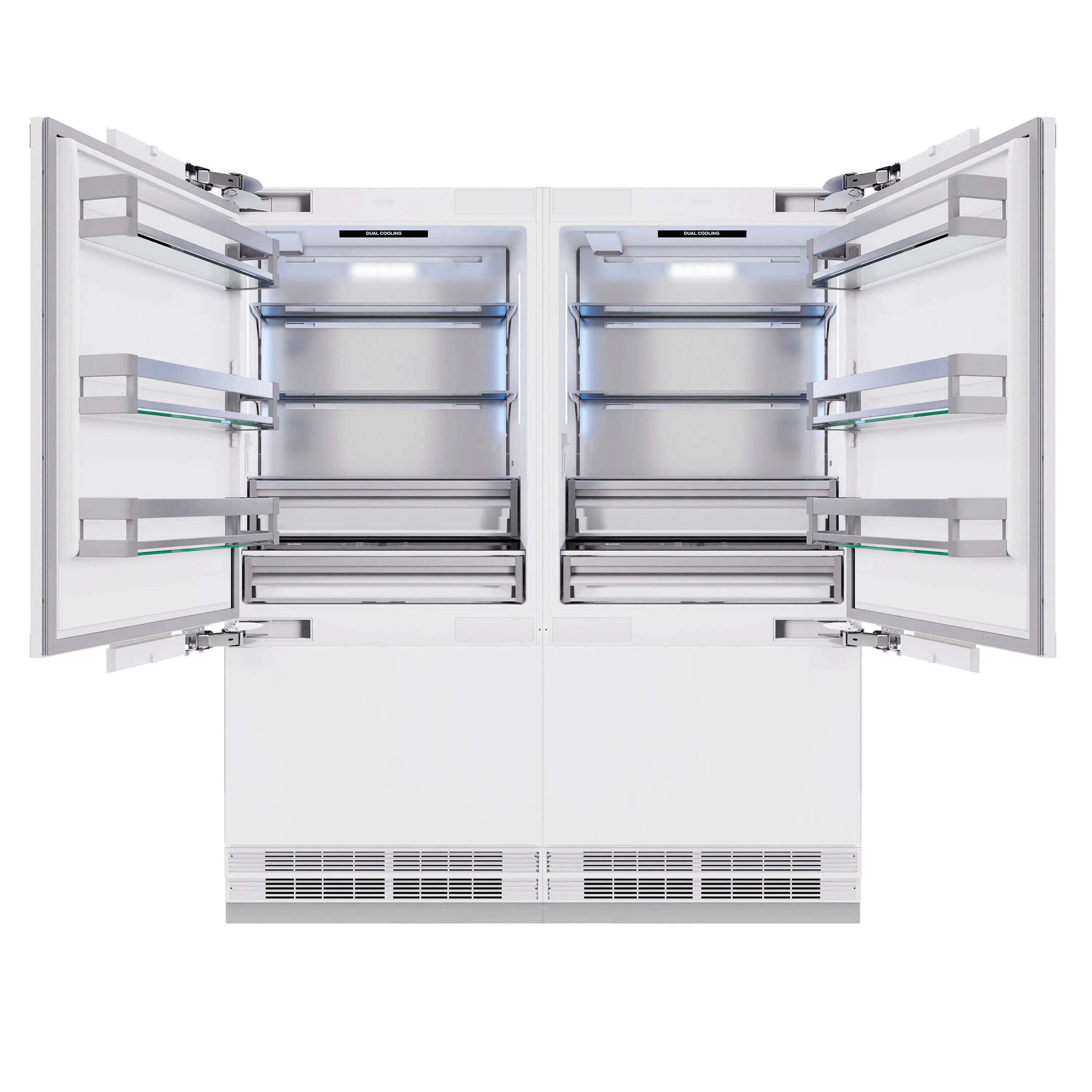 Open French door refrigerator interior with adjustable shelves and drawers