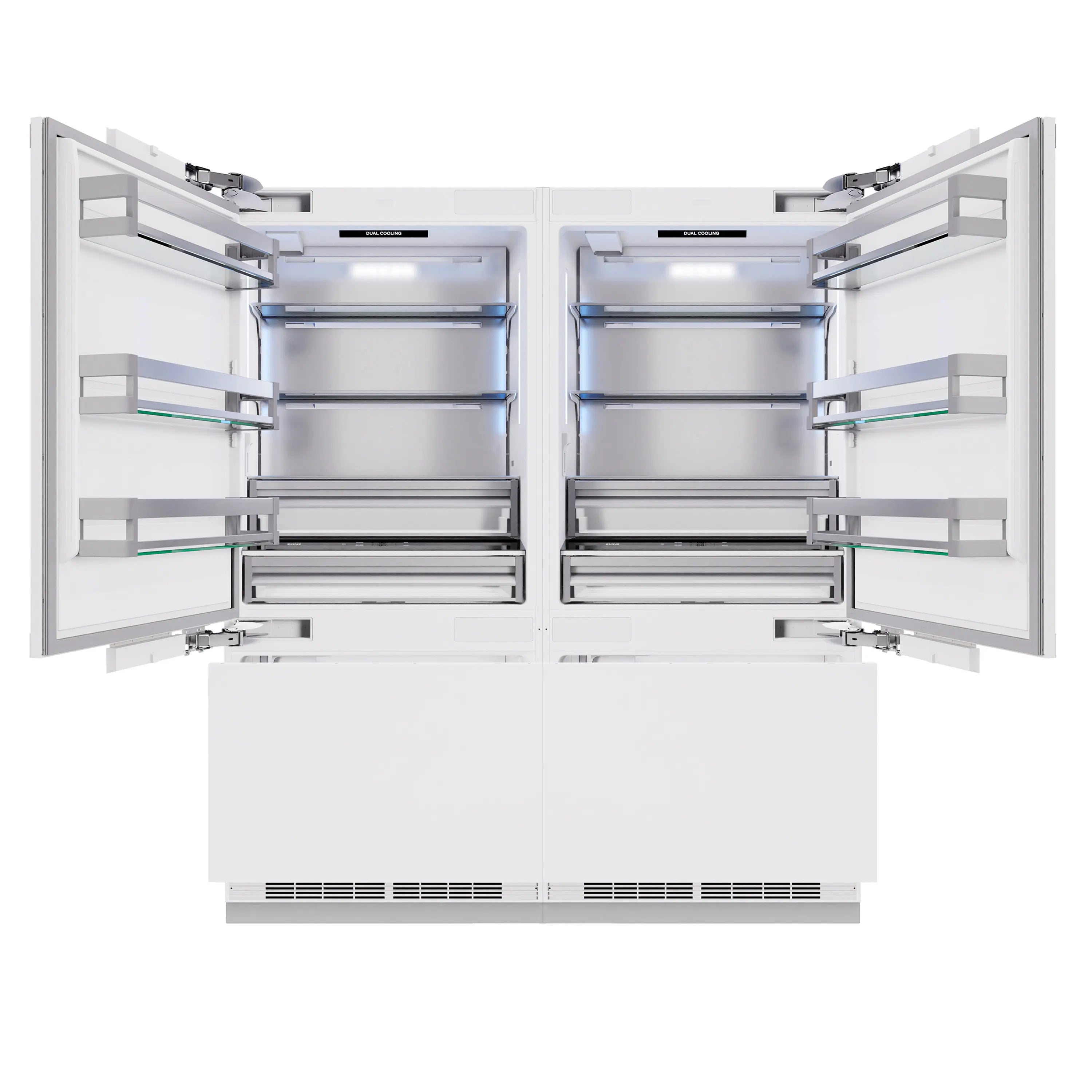 Open French door refrigerator interior showing shelves, drawers, and bottom vent grilles