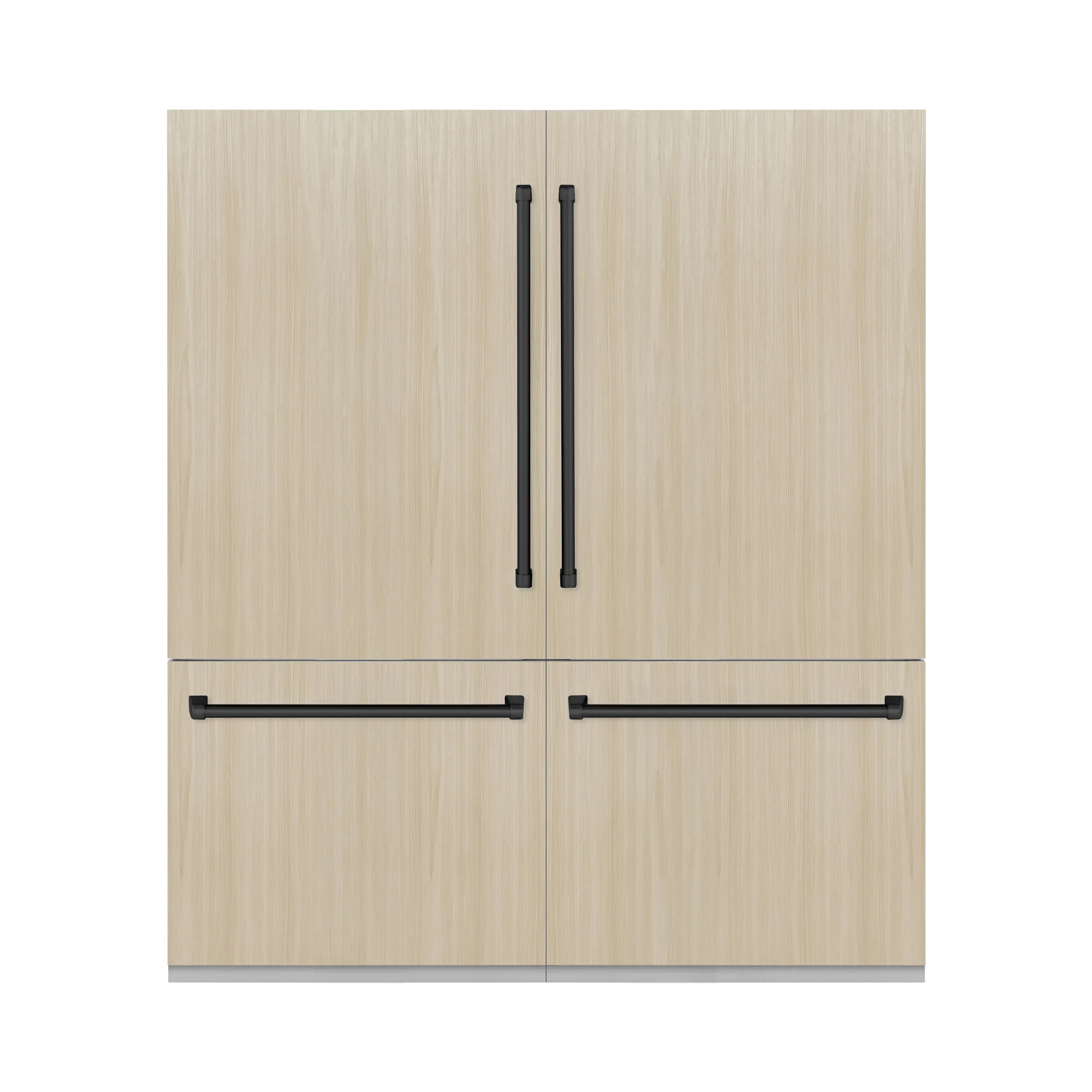 Panel-ready refrigerator doors with light wood-look panels and matte black handle bars