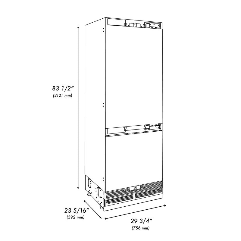 ZLINE 30-Inch Panel Ready 16.1 cu. ft. Built-In 2-Door Bottom Freezer Refrigerator with Internal Water and Ice Dispenser (RBIV-30)