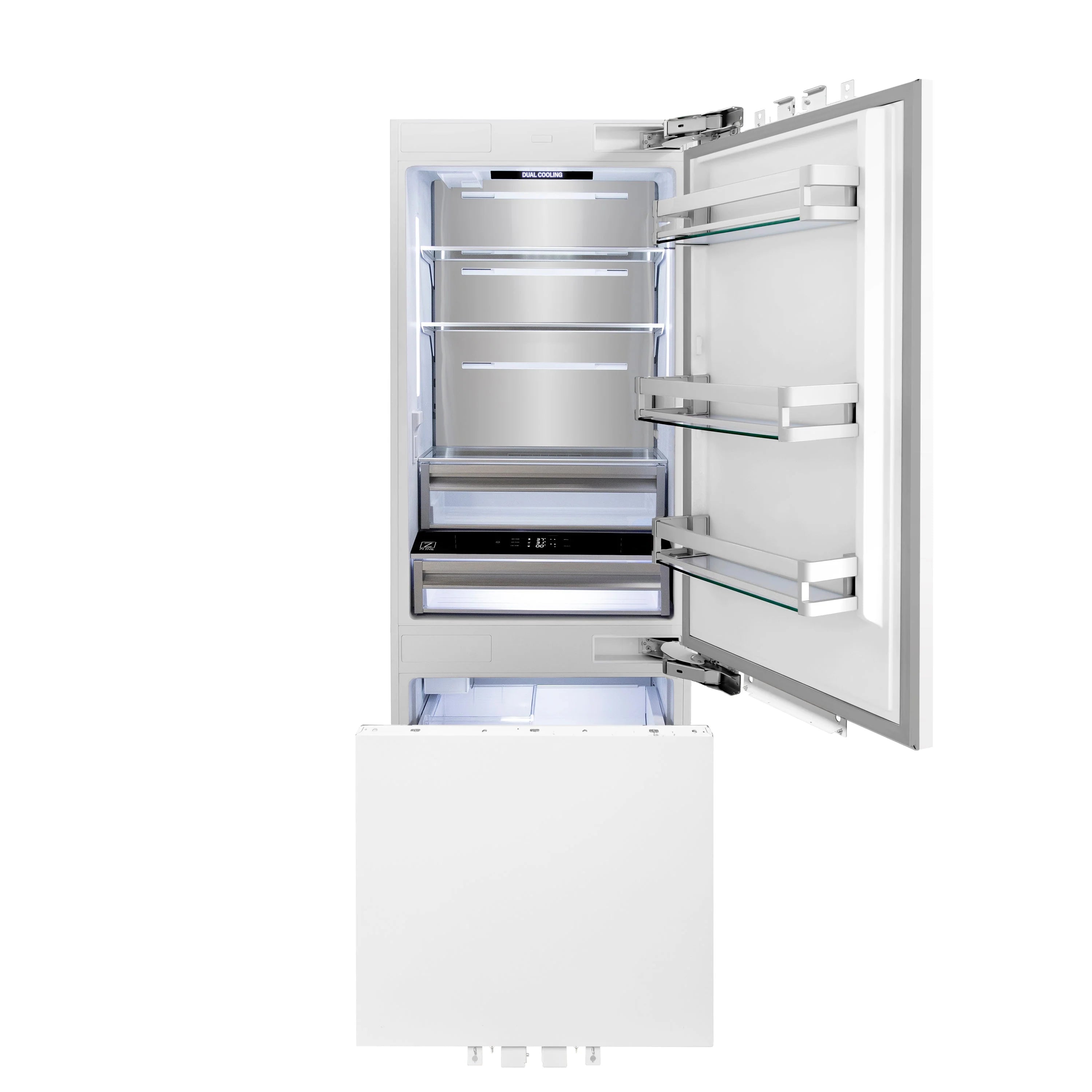 Built-in bottom freezer refrigerator door open, showing shelves and drawers