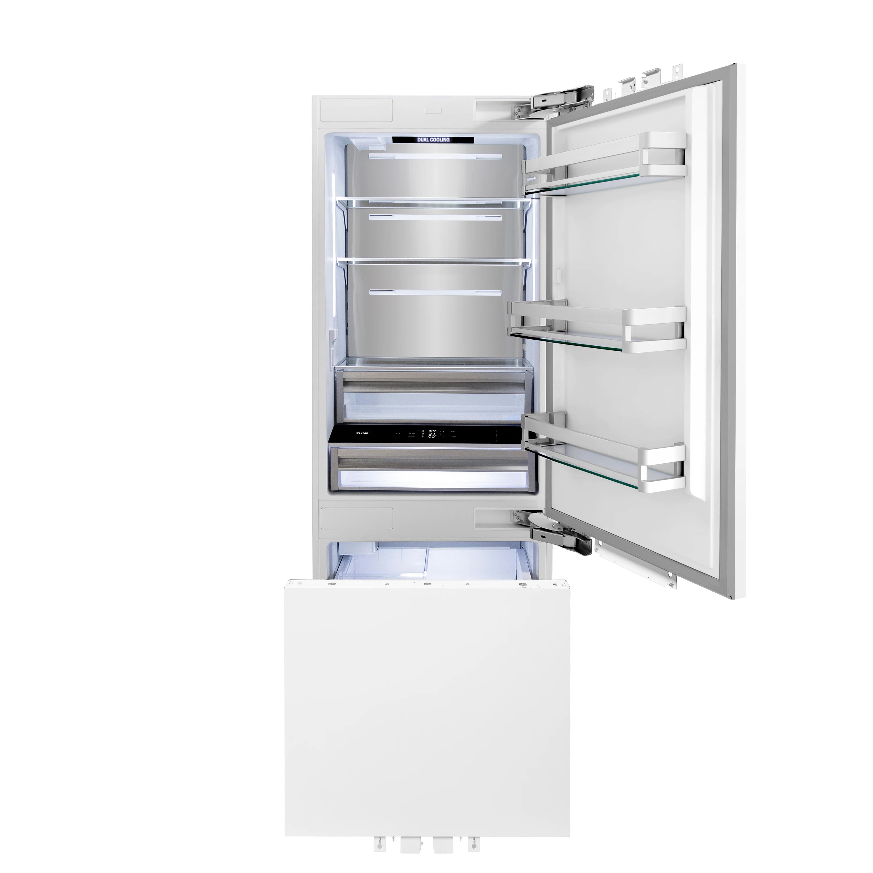 Panel-ready bottom freezer refrigerator with door open showing shelves and drawers
