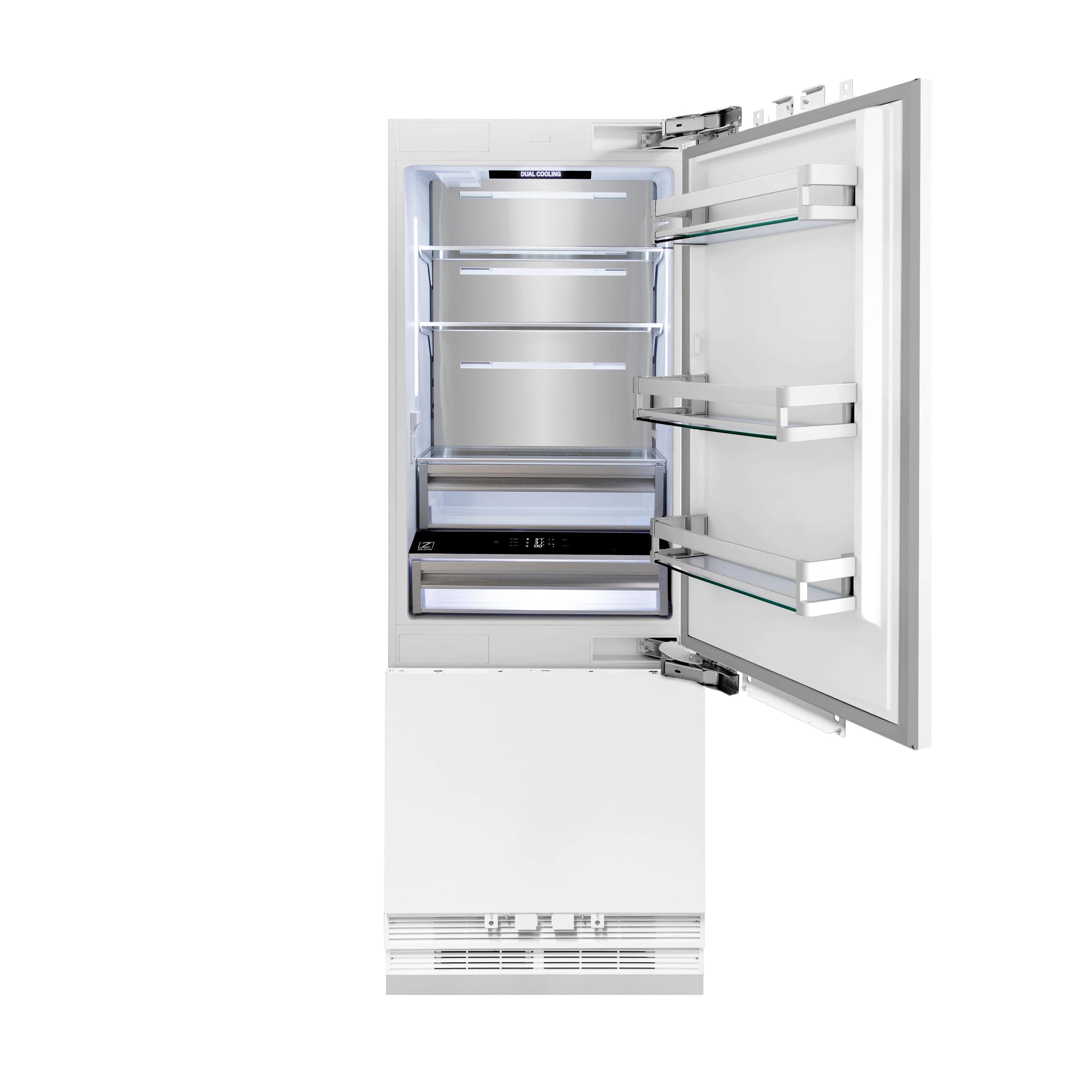 Built-in French door refrigerator open view showing interior compartments