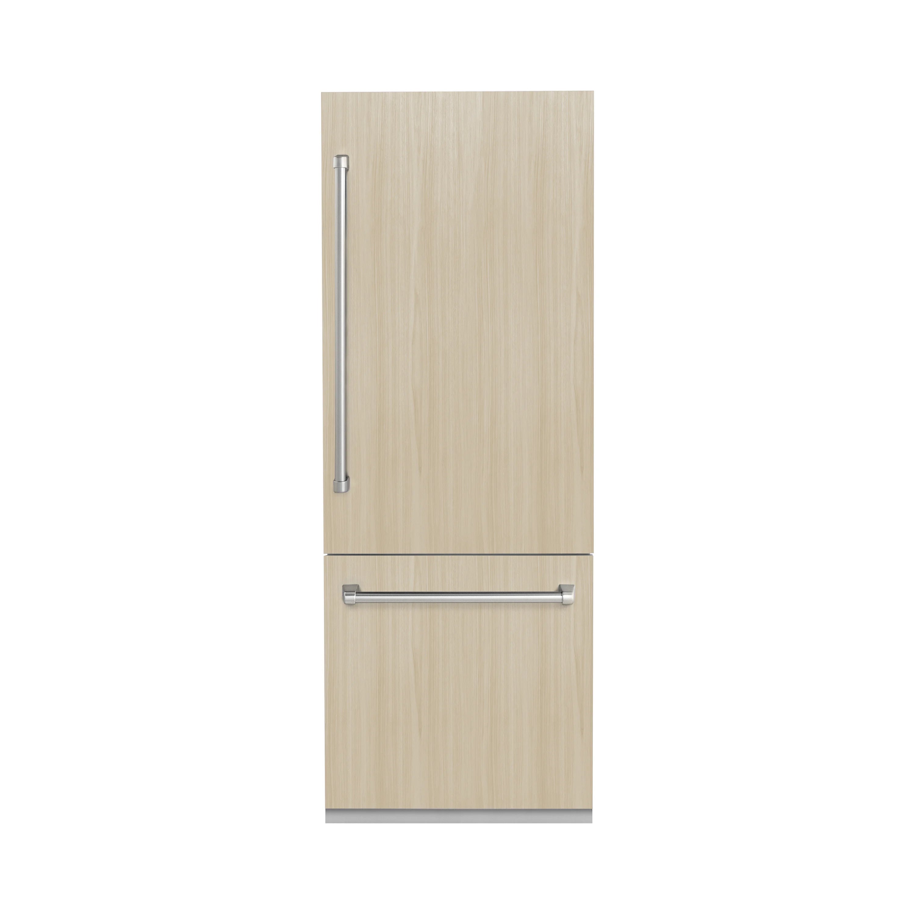 Panel-ready bottom freezer refrigerator with light wood door panels and silver handles