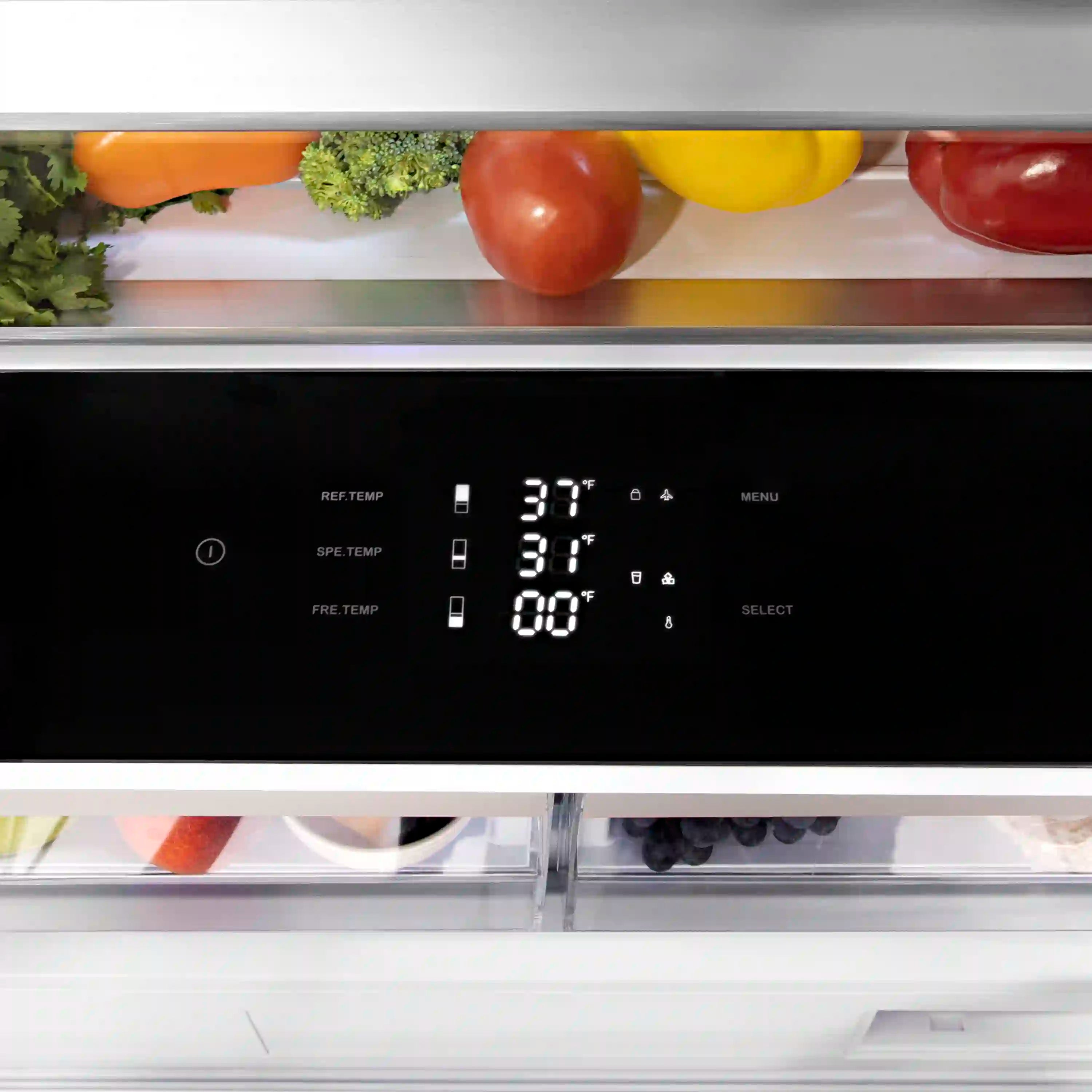 Refrigerator control panel with temperature display and multiple setting buttons