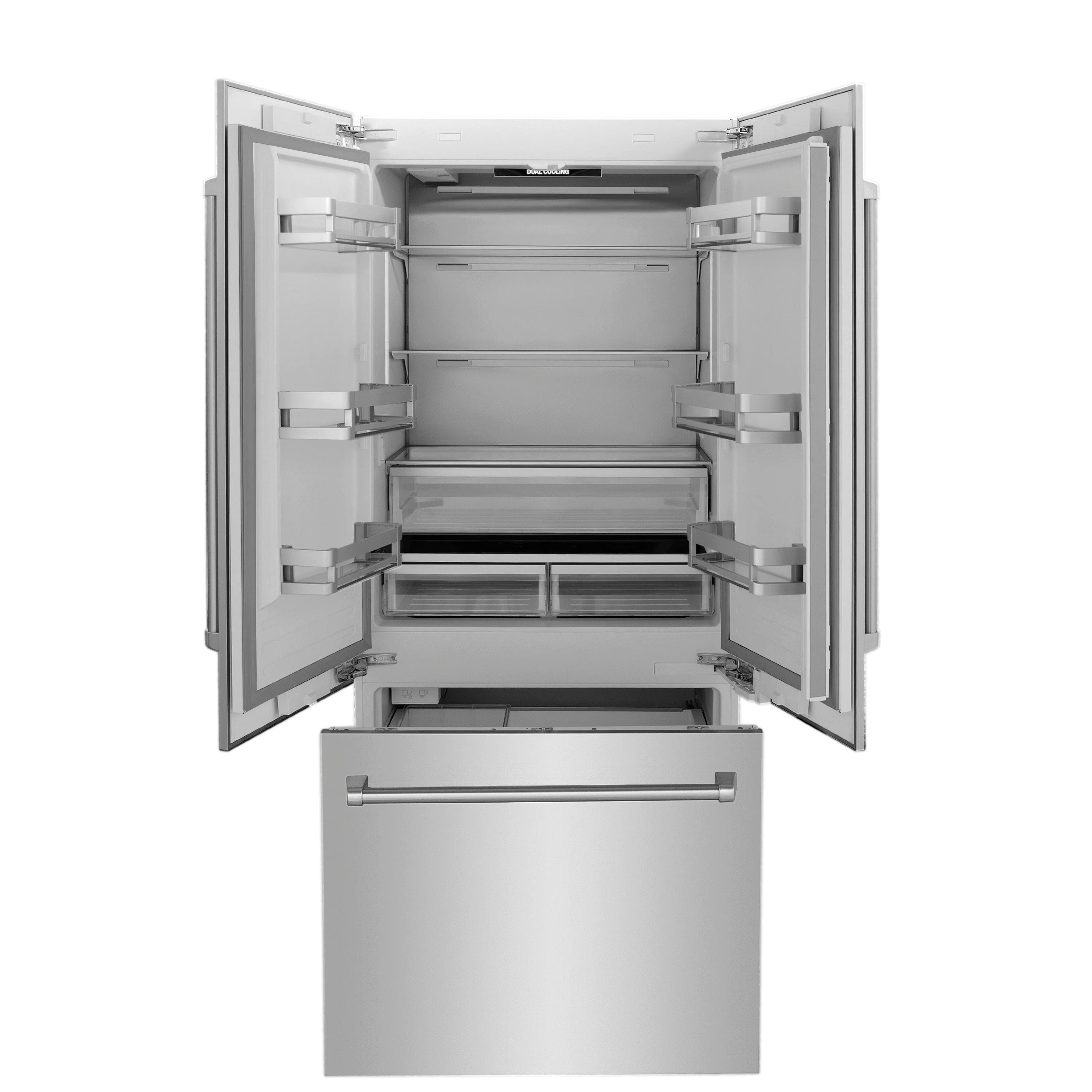 Built-in 3-door French refrigerator with open doors, shelves and drawer interior