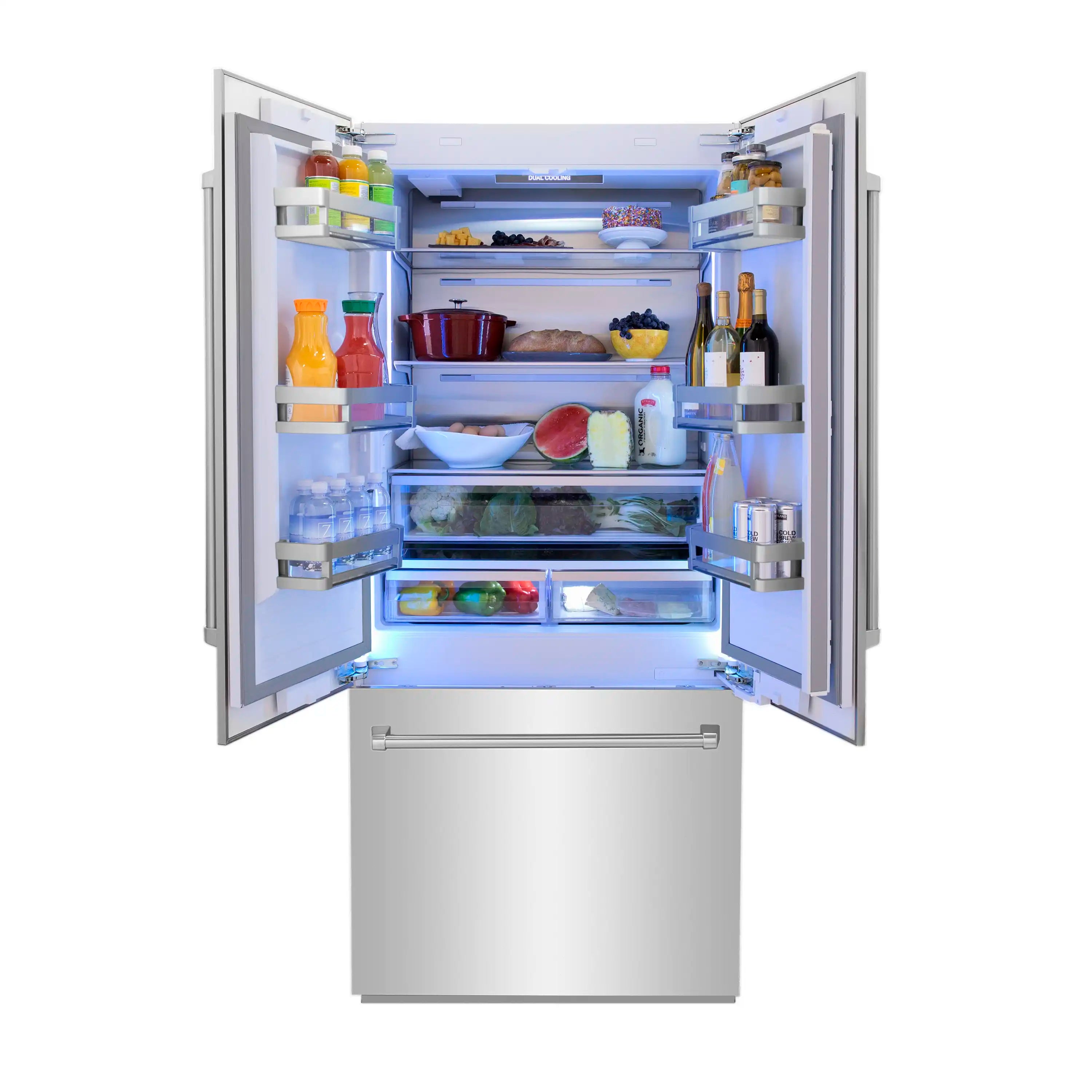 Open built-in French-door refrigerator interior with shelves, bins, and bottom ice tray