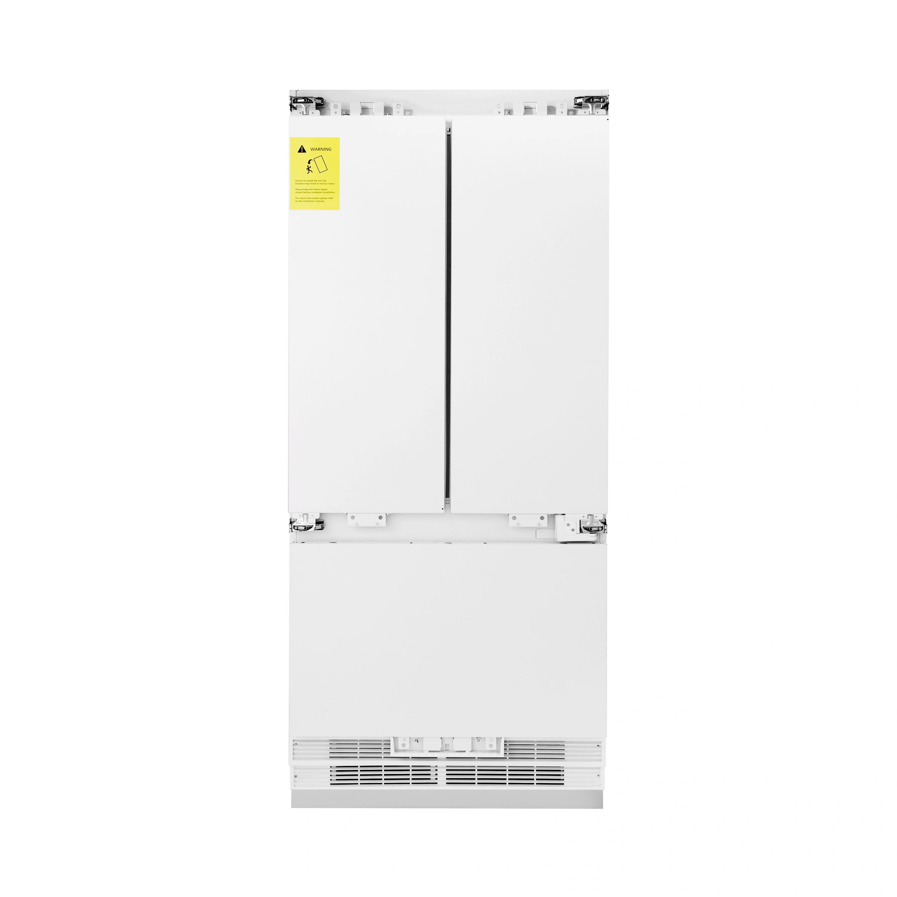 Panel-ready refrigerator back view with two open doors and bottom vent grille