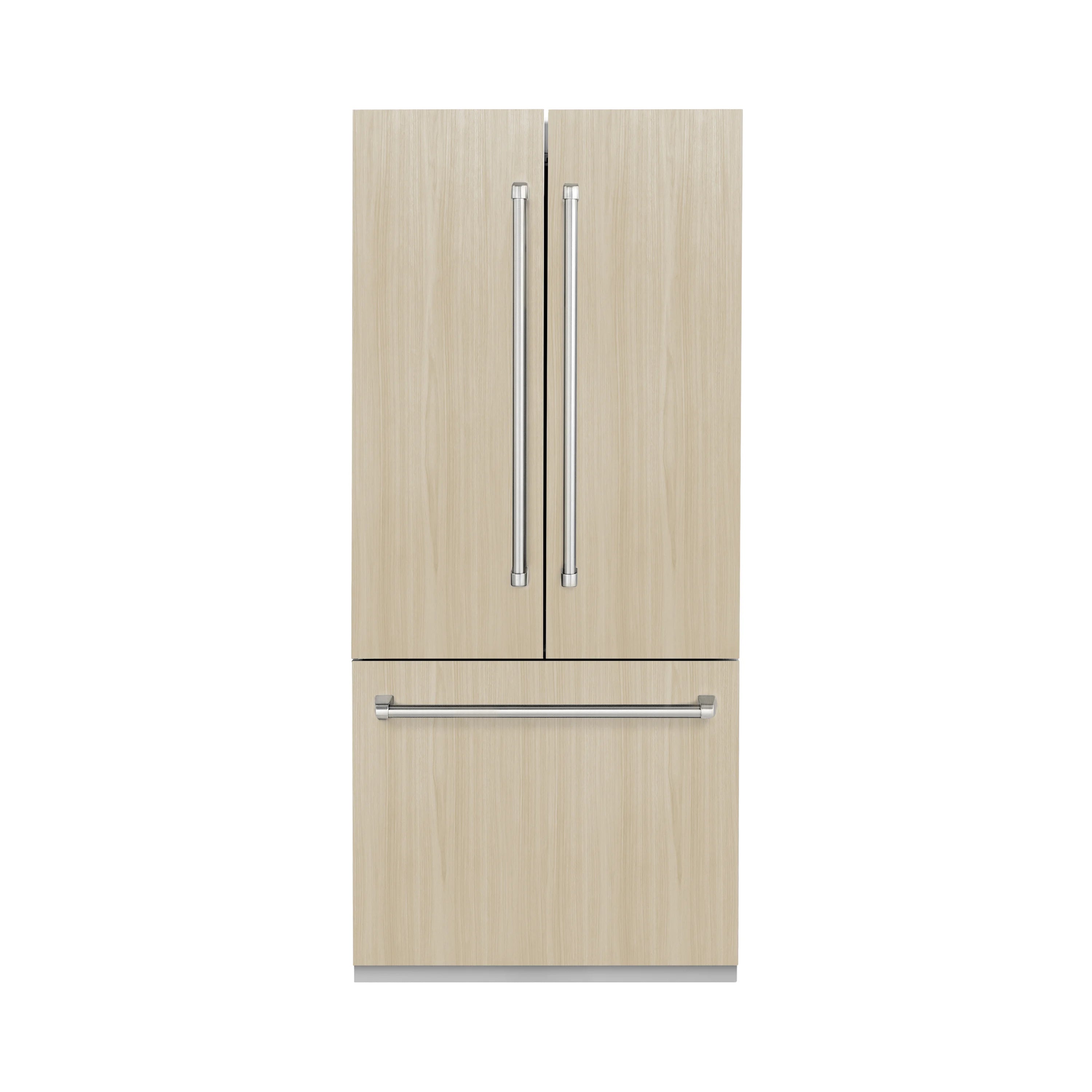 Panel-ready built-in refrigerator with light wood doors and two vertical handles