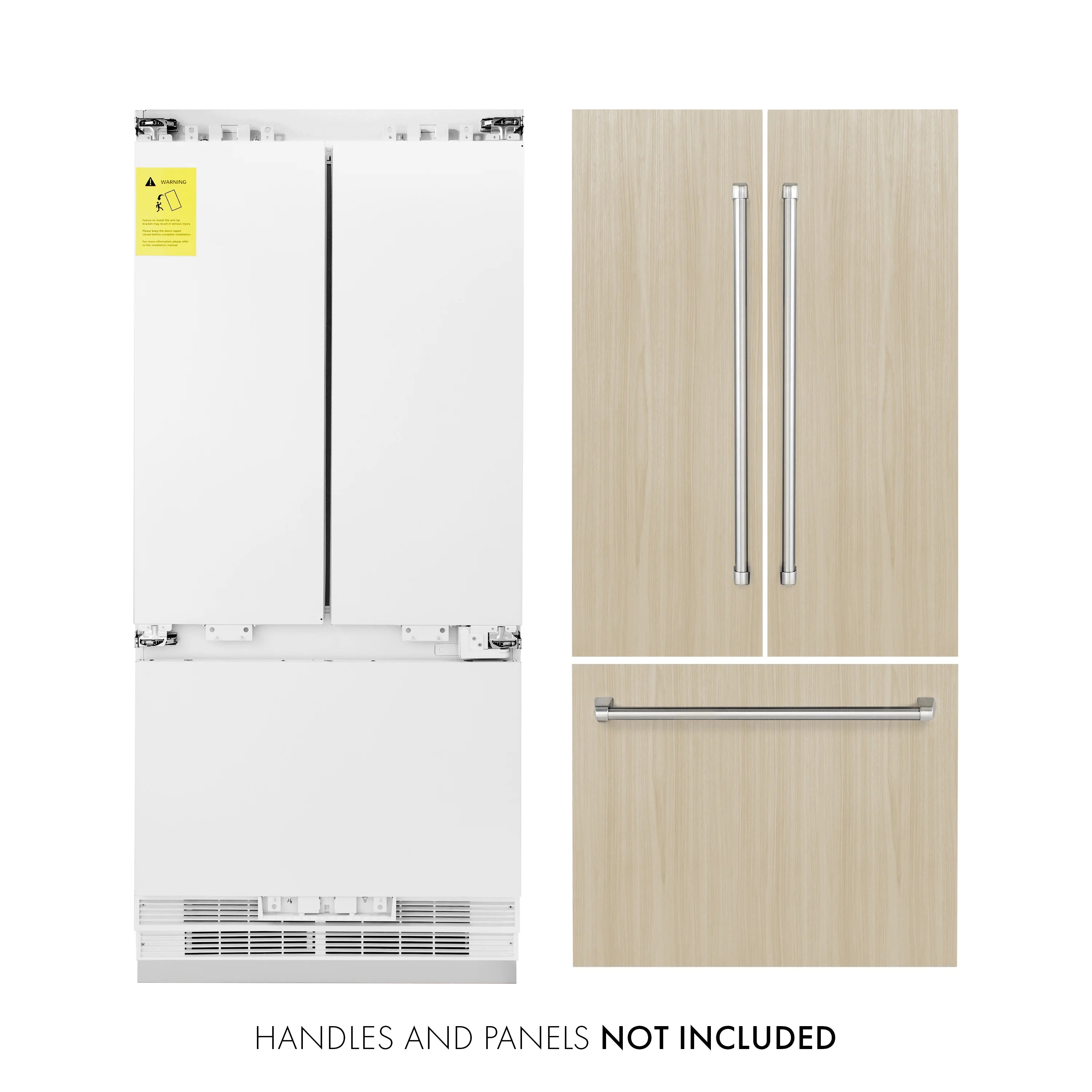 Built-in refrigerator interior with open door, internal shelves and dispenser area